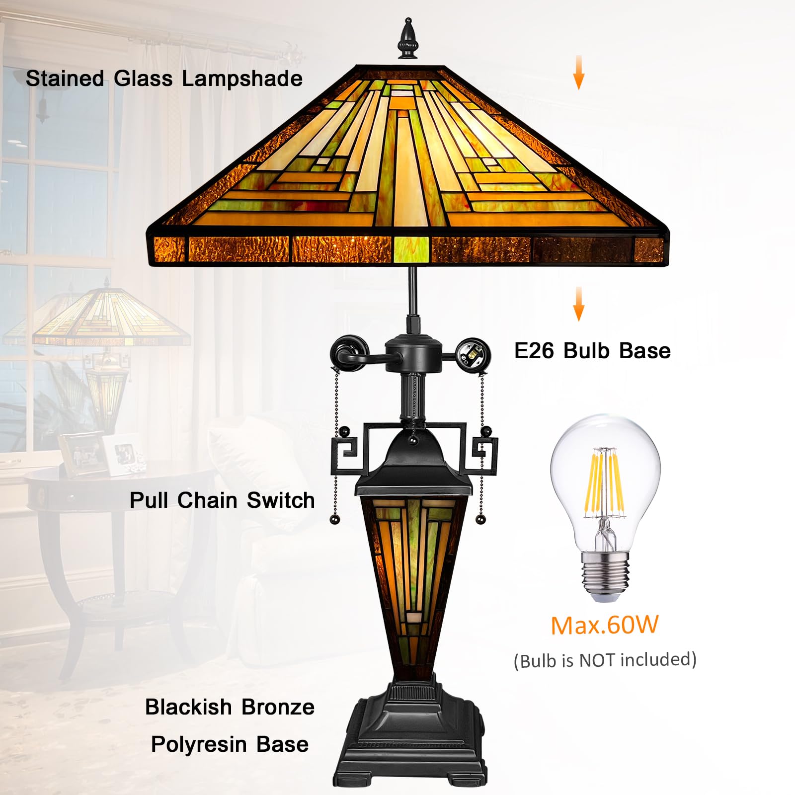 Capulina Tiffany Table Lamp - 3-Light Stained Glass, Amber Brown, 16" for Living Room & Office, Model CL168801DT