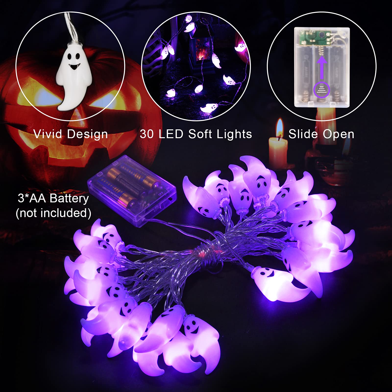 JMEXSUSS 30 LED Halloween String Lights, Battery Operated Ghost String Lights, Purple Indoor Halloween Lights for Outdoor Party