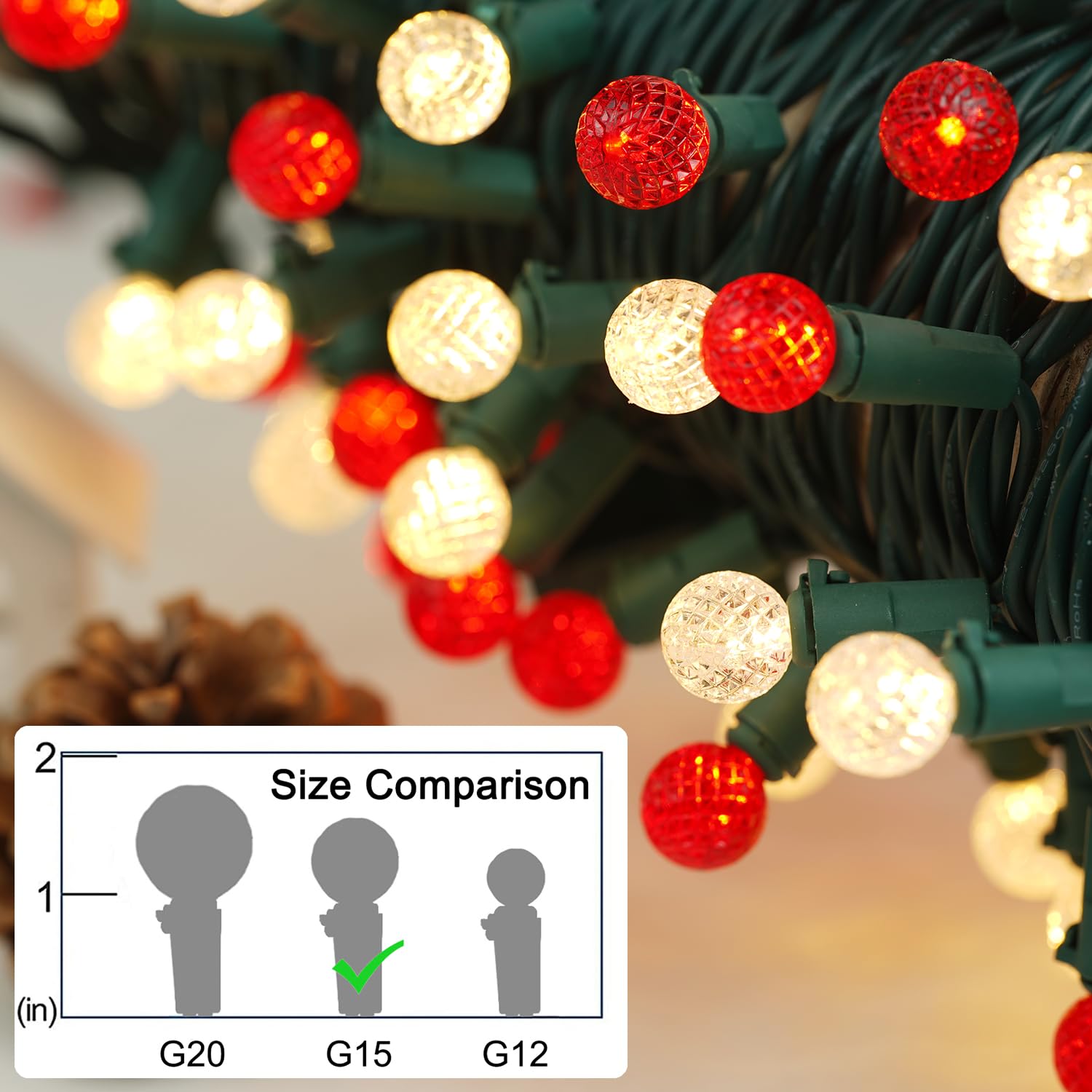 Bohon Christmas Lights Outdoor Faceted G15 50 Led 17Ft Plug In Mini Globe String Lights Waterproof Extendable Green Wire For Indoor Patio Xmas Thanksgiving Tree Decoration Red And Warm White