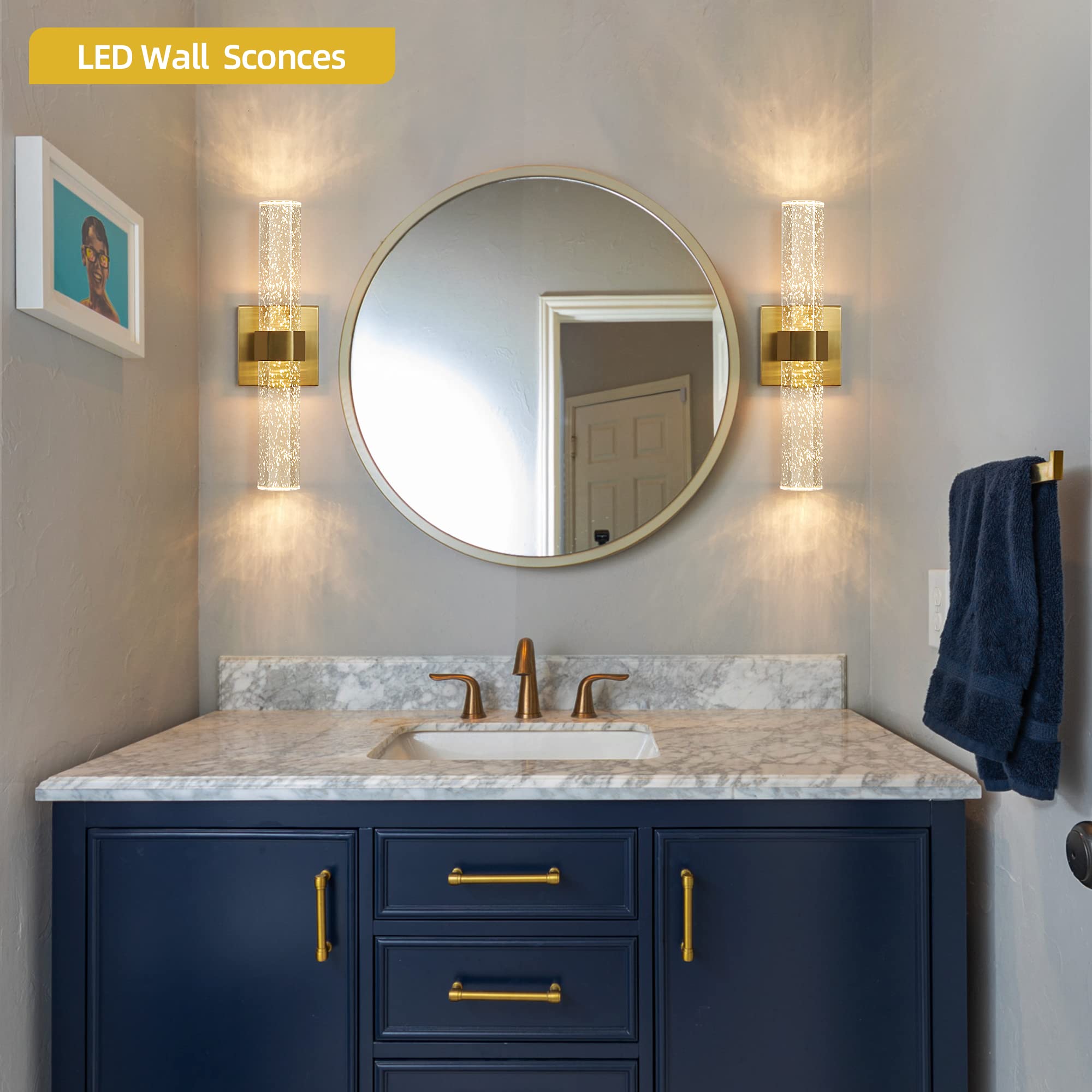 Epinl Wall Sconces Set Of Two - Gold Sconces Wall Lighting 14W Dimmable Led Crystal Bathroom Light Fixture With Bubble Glass 15.