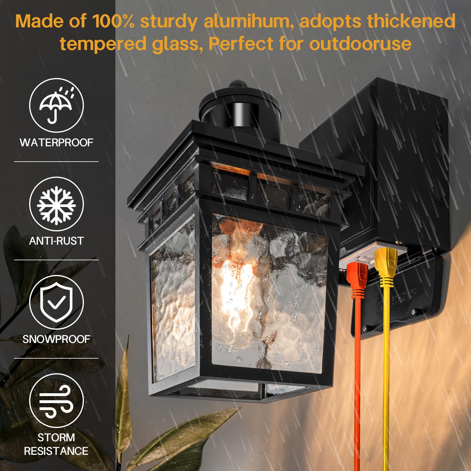 VIOAOEAFA Outdoor Porch Light with GFCI Outlet, Dusk to Dawn Motion Sensor, Aluminum, Black, 1 Pack, Model D2206-B03