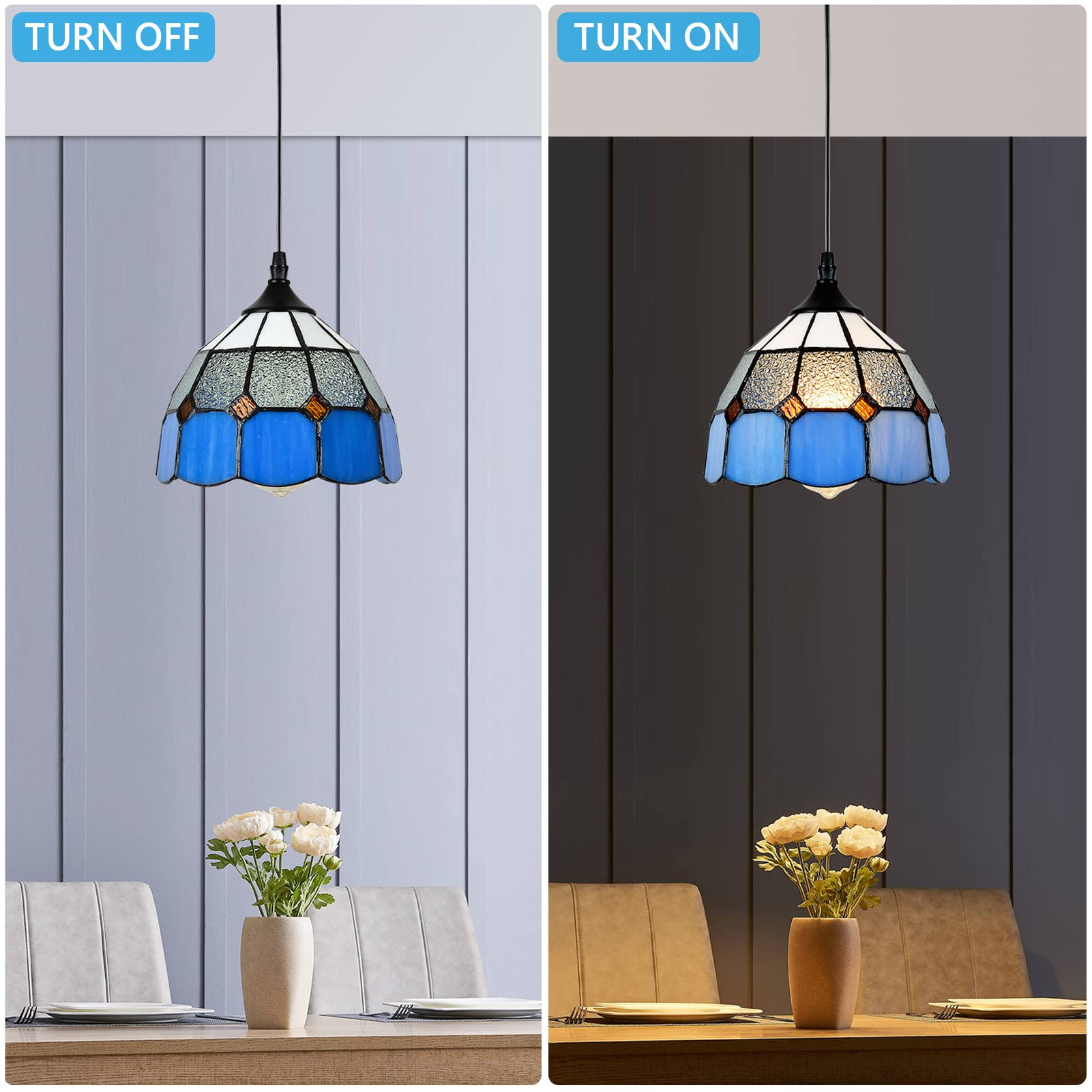 Stepeak Tiffany Style Mini Chandelier Pendant Light, 7.9in Width, Glass, Blue, Model 002, 16.4 Ft Cord, In-Line Dimmer Switch