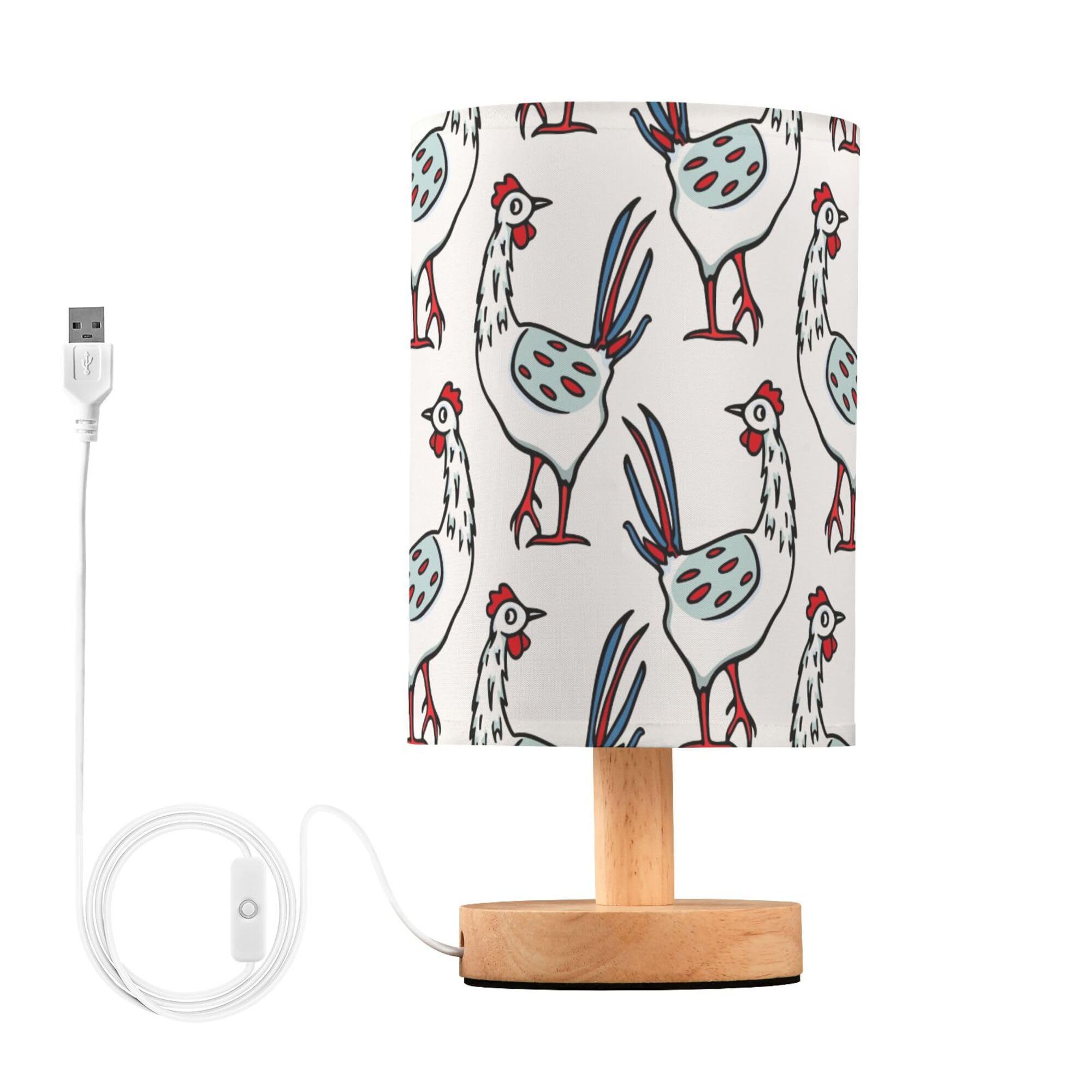 YYZZH Table Lamp Funny Rooster Pattern Nightstand Lamp with Wood Base Fabric Lamp Shade Bedside Desk Lamp for Living Room Bedroo