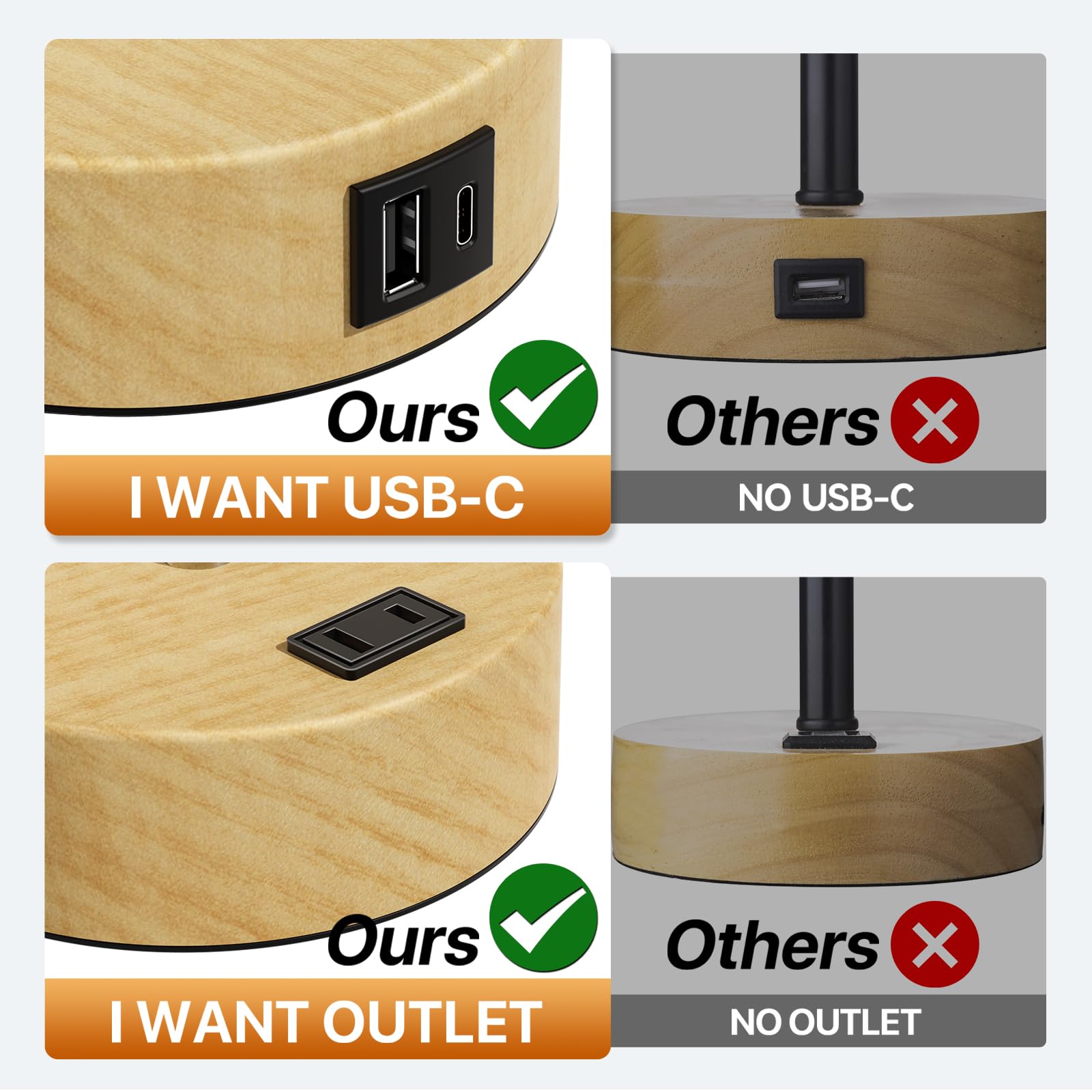 KPQ Touch Control Table Lamp, 3-Way Dimmable, USB A+C Ports, 14in Small Size, White Shade-Wood Base