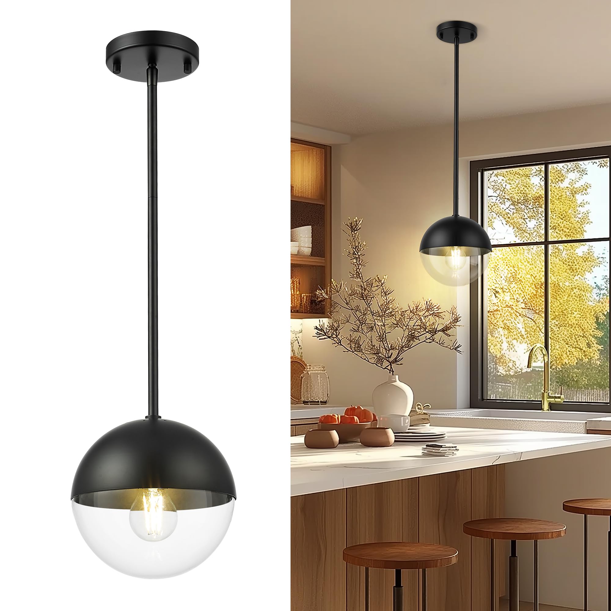 LMS Modern Pendant Lights, Matte Black Kitchen Island Pendant Light Fixtures, Adjustable Hanging Rod Ceiling Light for Dining Ro