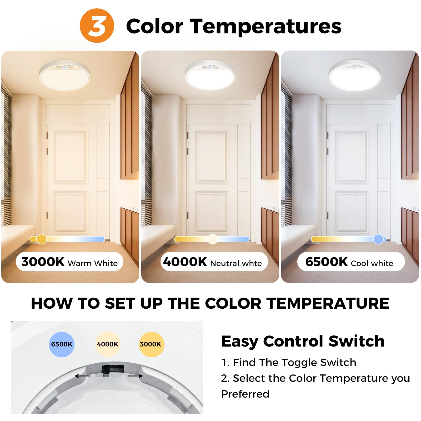Slochi 2Pack Motion Sensor Light Indoor Wired, 8.7 Inch 3000K/4000K/6500K Closet Lights Motion Sensored, 18W 1800Lm Flush Mount