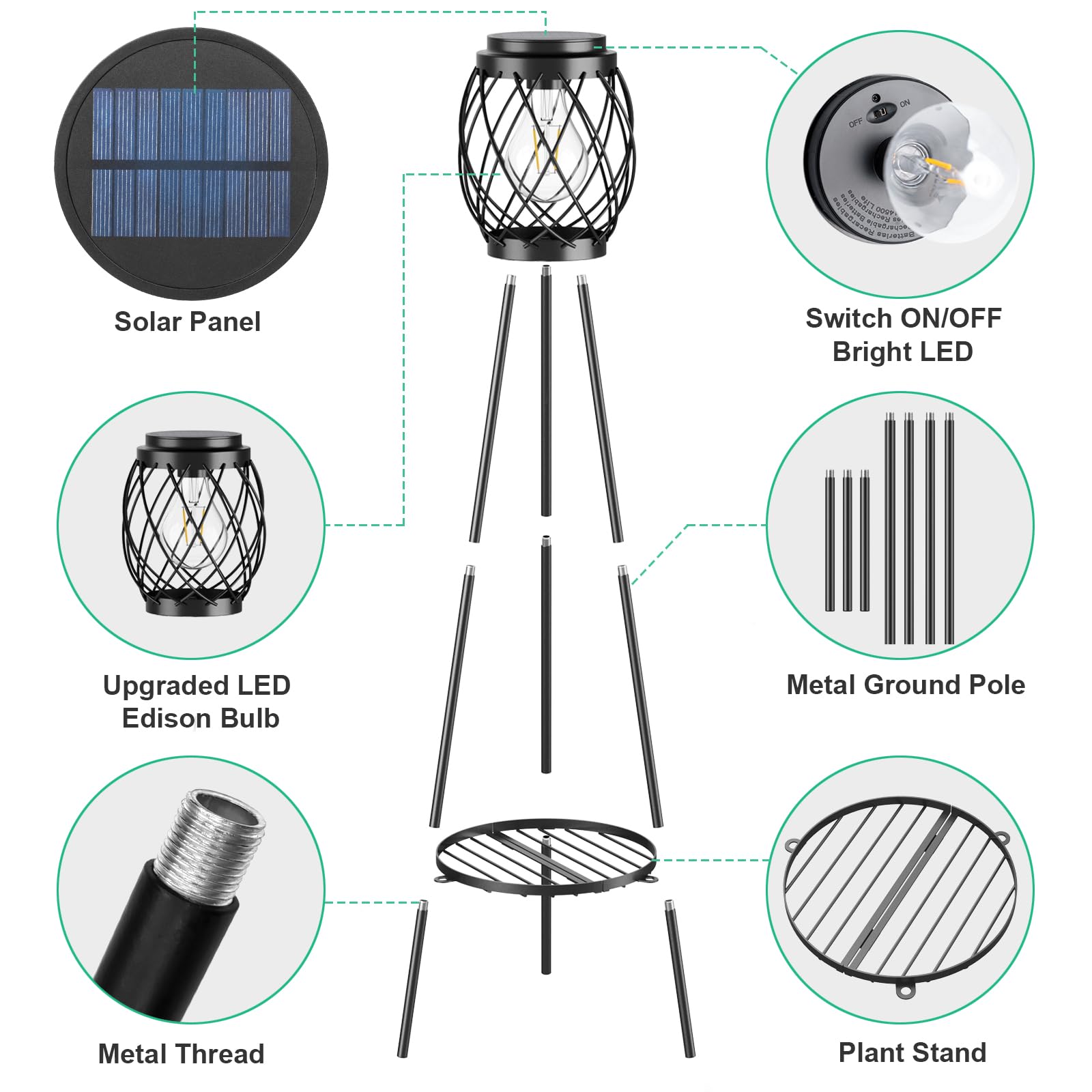 Mxwcy Solar Floor Lamp With Plant Stands,Solar Lights Outdoor With Vintage Led Edison Bulbs, Weatherproof Garden Lights For Path