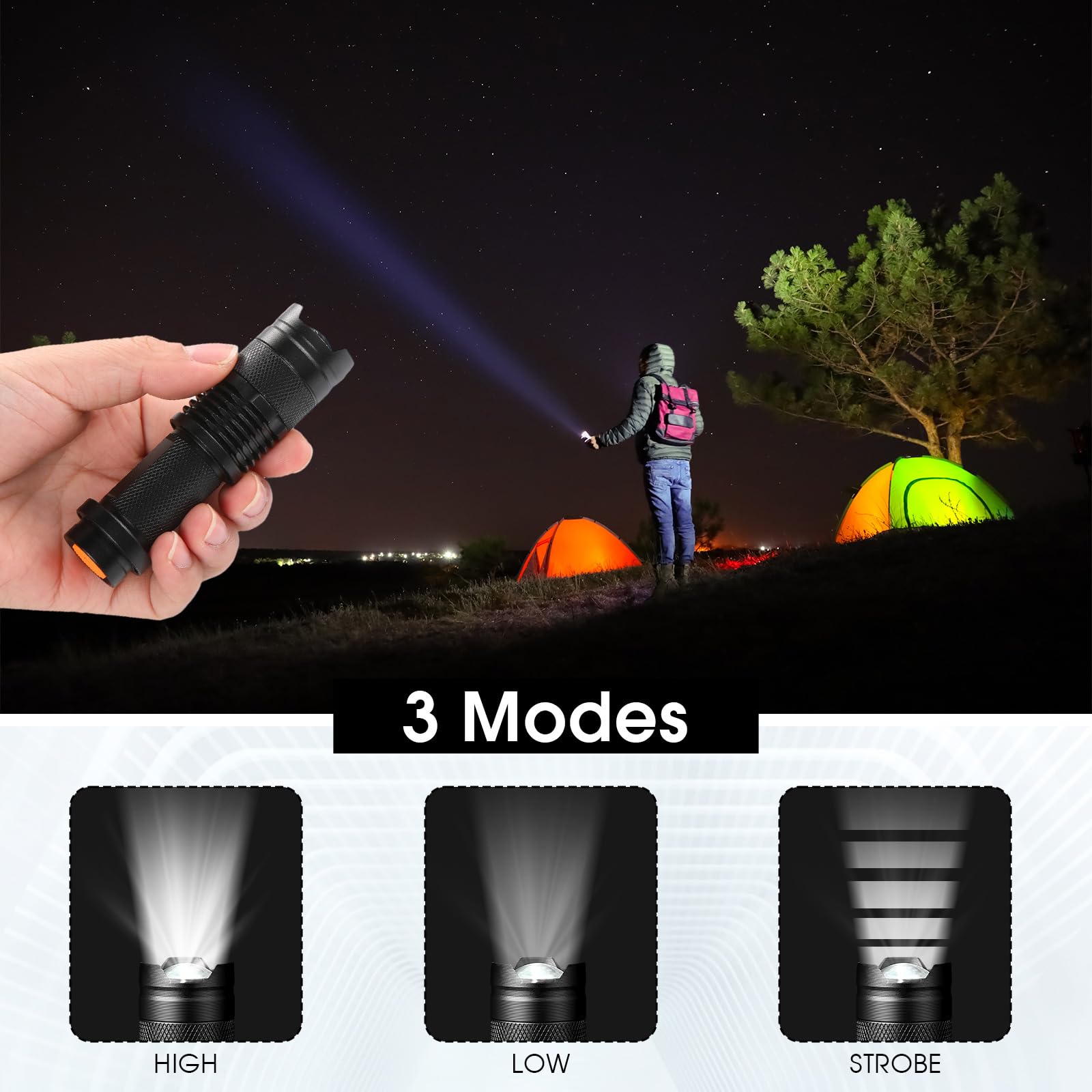 Fumete LED Flashlight Mini Tactical Torch, 3 Modes, Water Resistant, Adjustable Focus, Multicolor 2, Lightweight Aluminum for Hiking