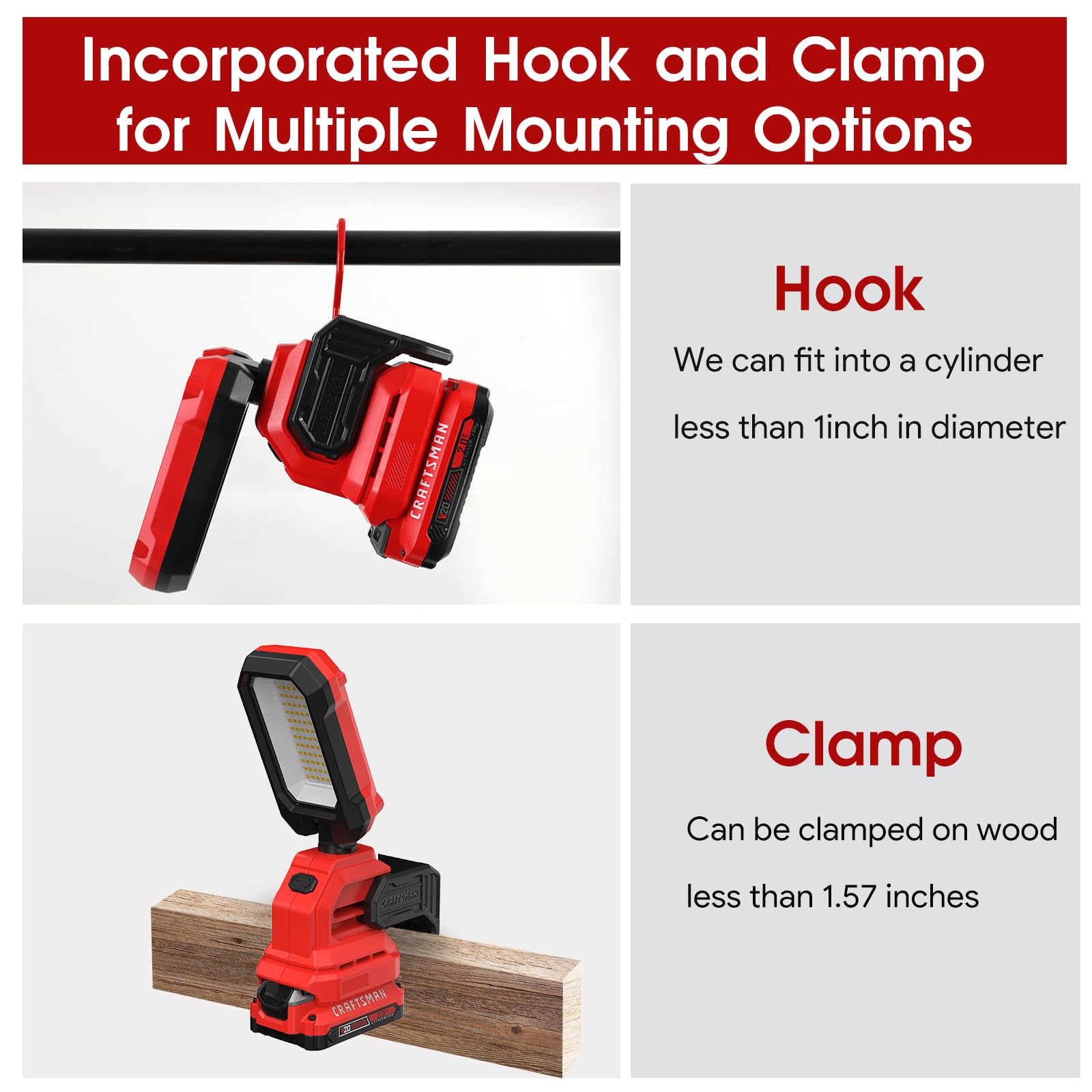 Craftsman V20 6500K Led Rechargeable Work Light, 2000Lm &1000Lm 2 Brightness Settings, Hook And Clamp For Multiple Mounting Opti