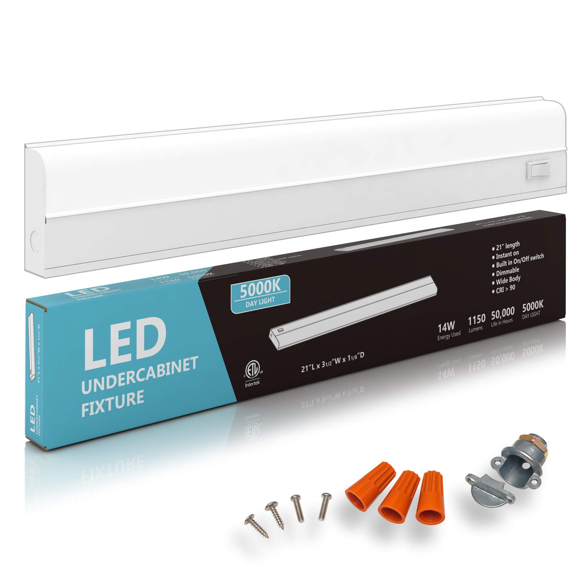 Hardwired LED Under Cabinet Task Lighting - 14 Watt, 21'', Dimmable, 5000K (Day Light), Wide Body, Long Lasting Metal Base with 