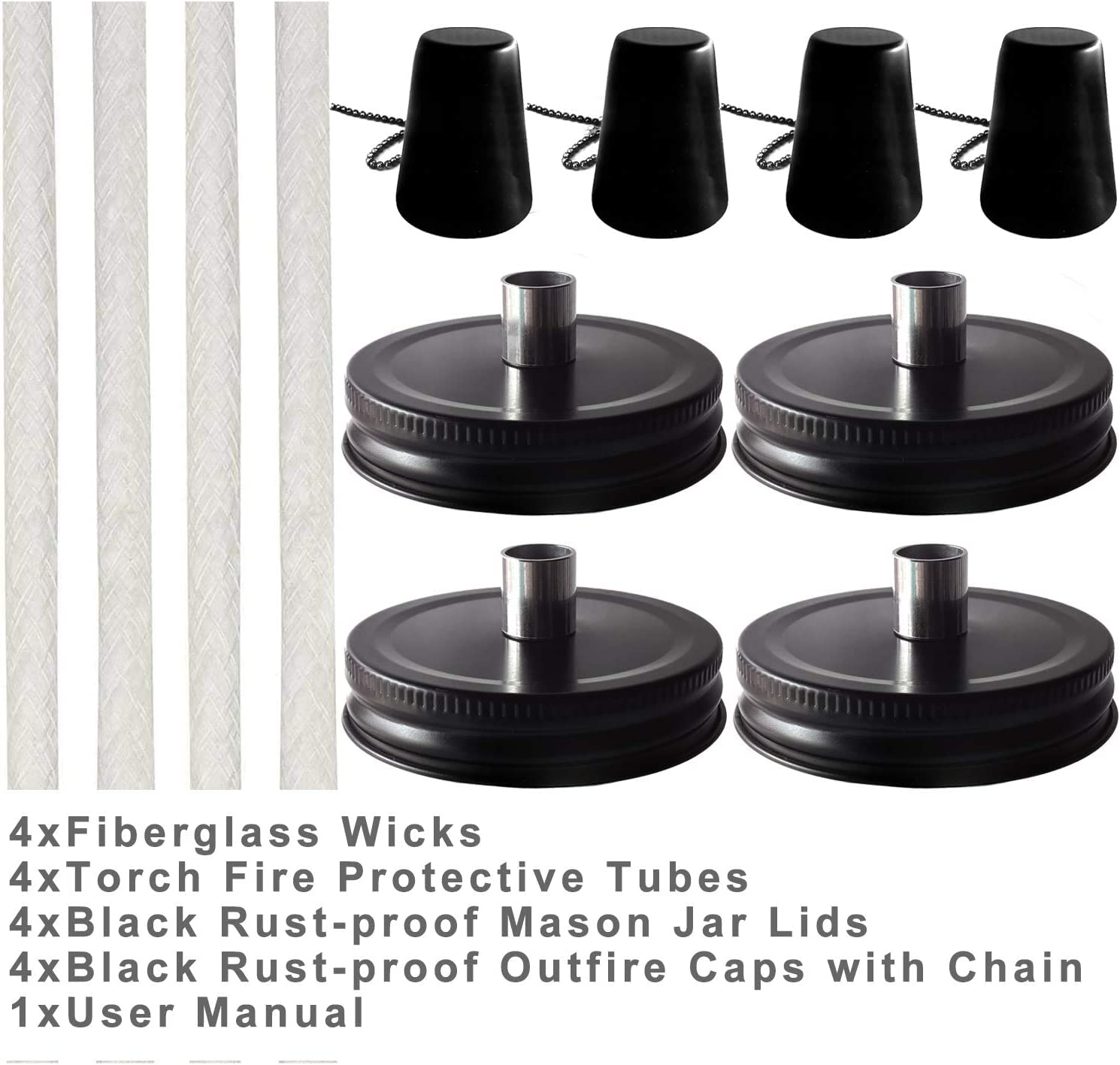 4 Pack Mason Jar Outdoor Tabletop Torch Kit Set, Fiberglass Wicks,Stainless Steel Lid with Outfire Cover Caps,6-inch High,for Pa