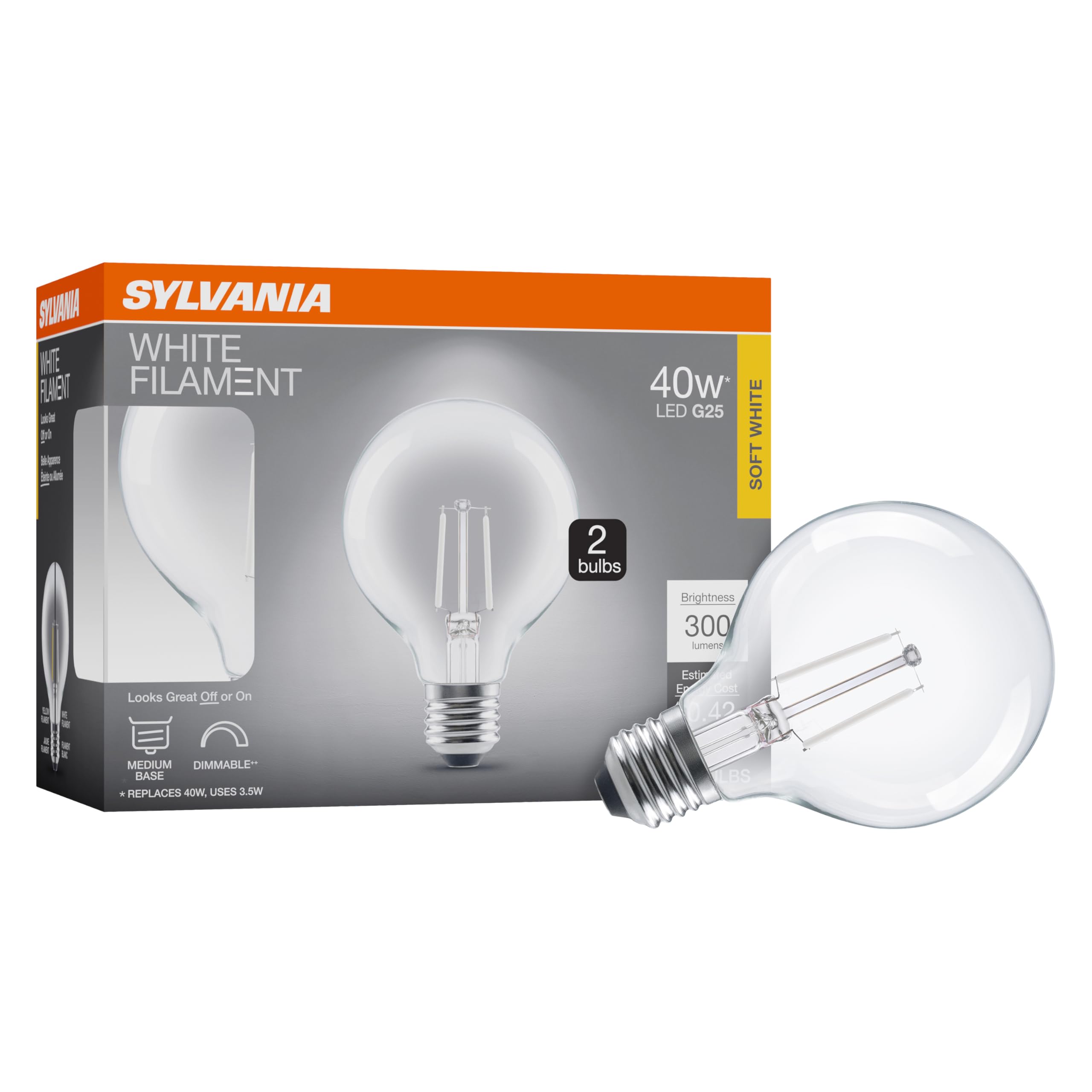 Sylvania G25 Clear Globe Led White Filament Bulb, 3.5W, Dimmable, 300 Lms, Medium Base, 2700K, Soft White - 2 Pack (42254)