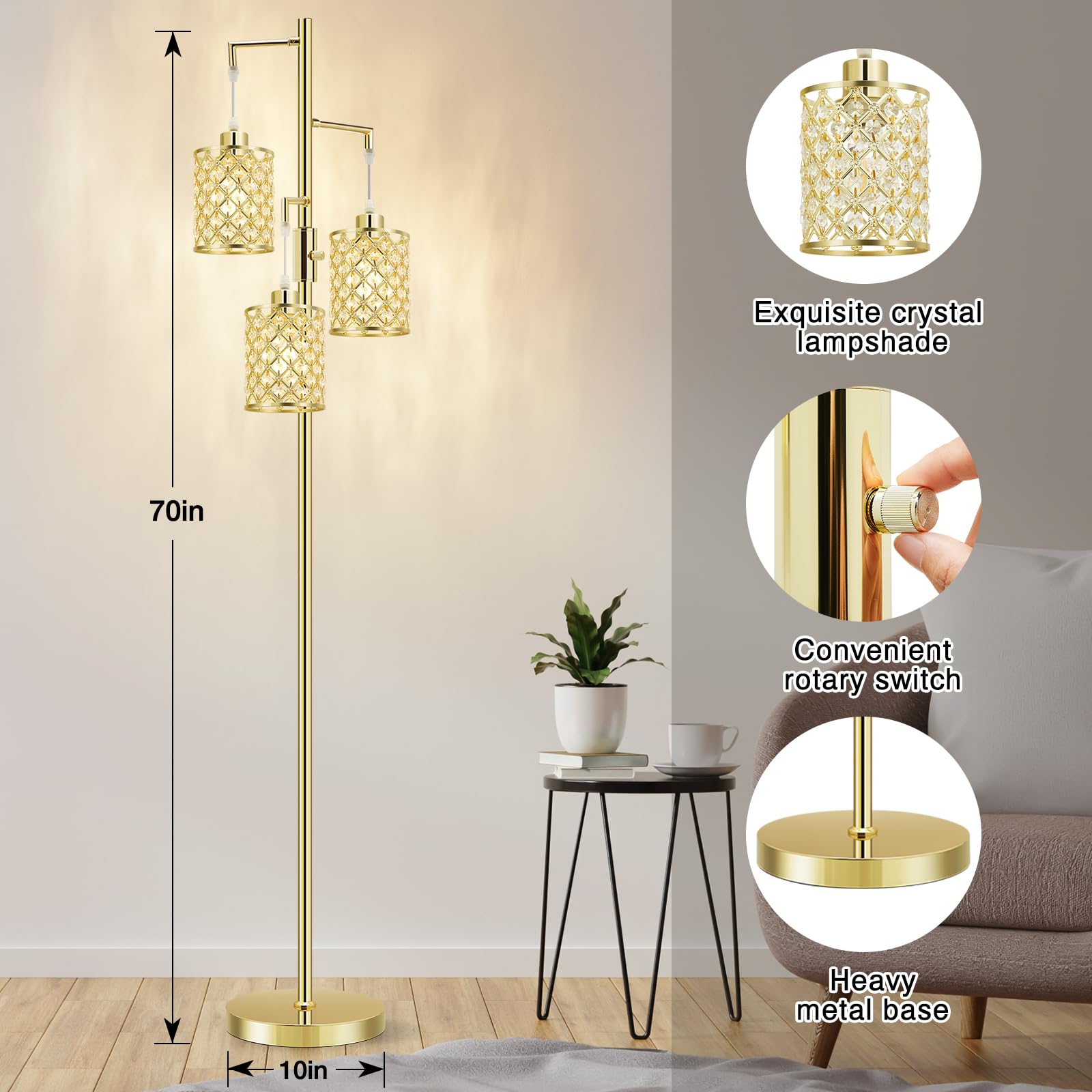 GyroVu Modern Gold Crystal Floor Lamp, 3-Light K9 Shade, Elegant Design for Living Room, Bedroom, Home Office - Model G-1FL-1769B