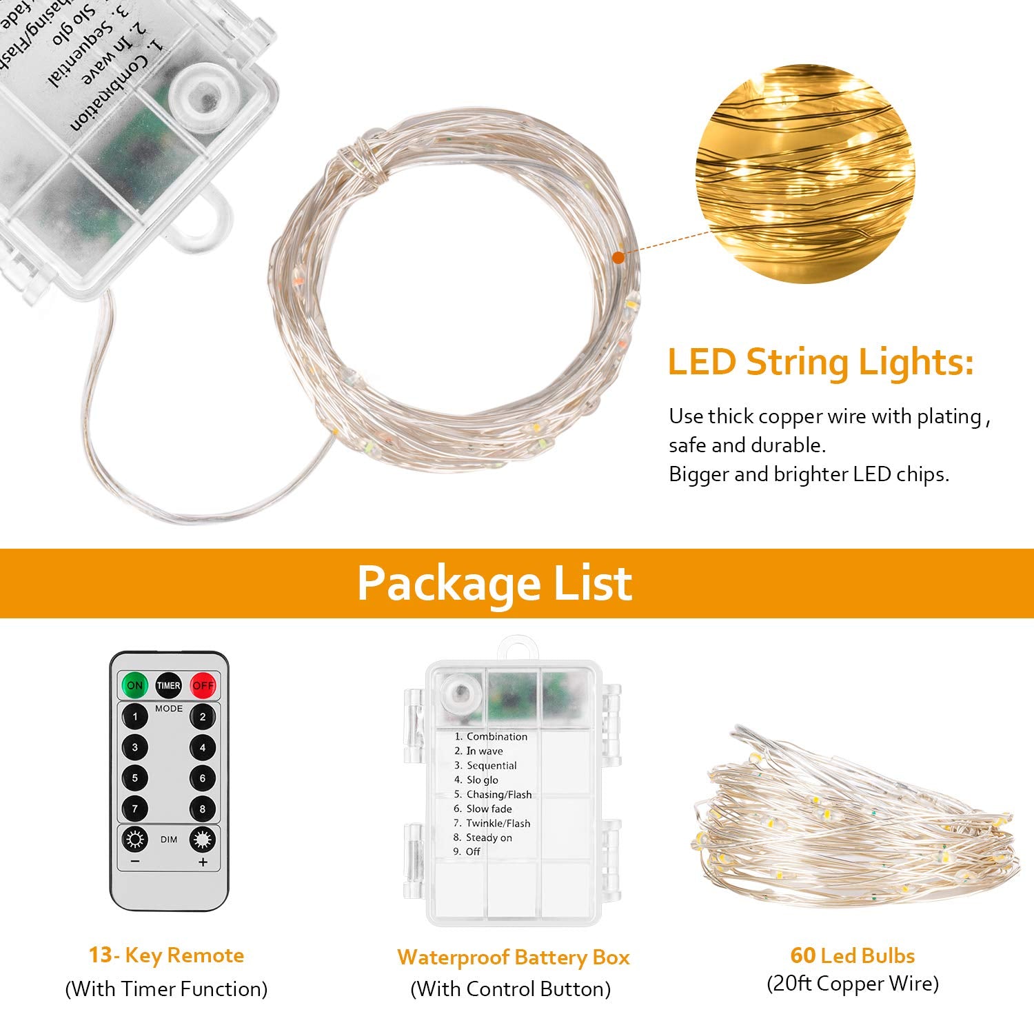 Koxly 2 Pack 20ft 60 Led Fairy Lights with Remote Timer Waterproof Christmas Decor Battery Operated Twinkle Firefly Lights for B