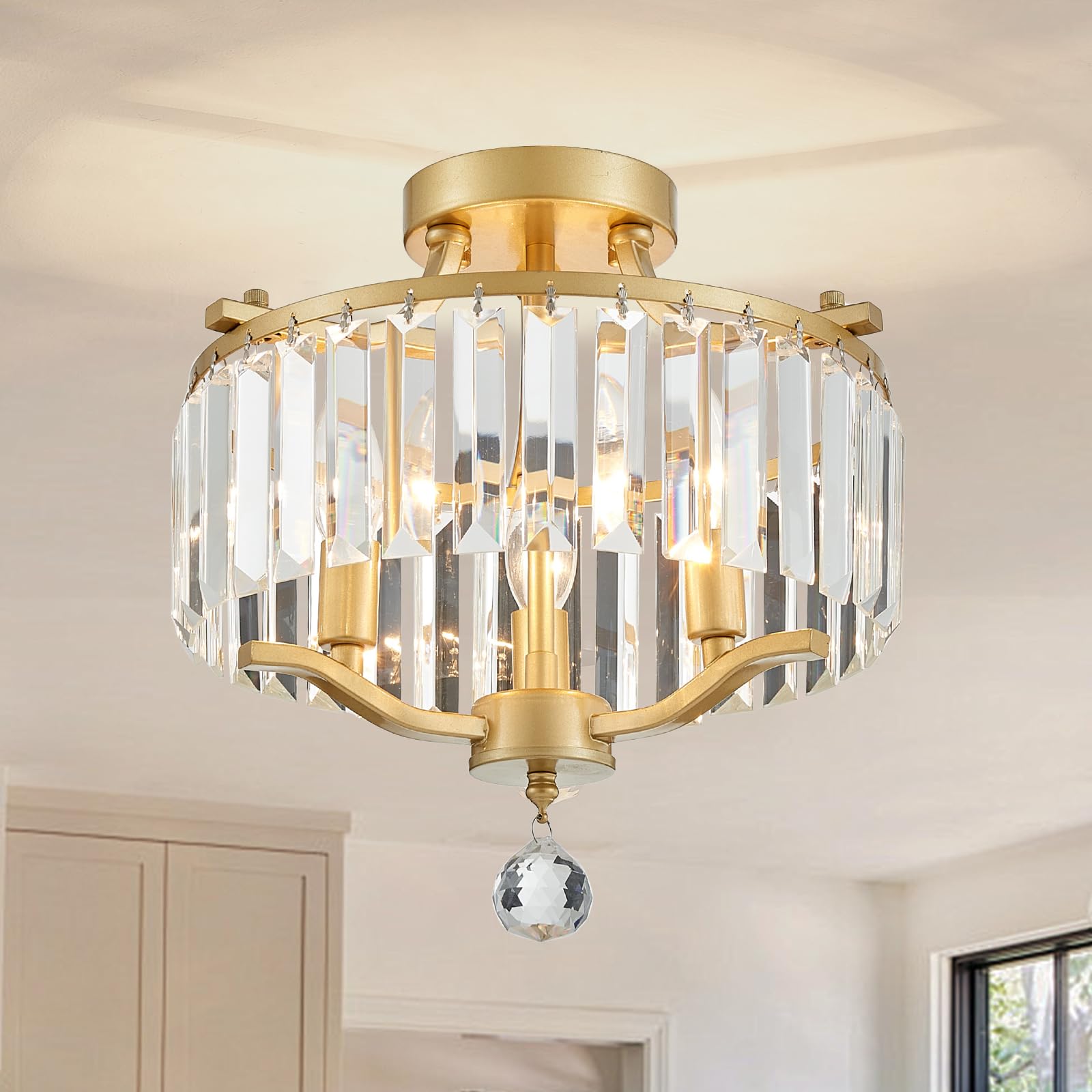 peskoe Crystal Gold Chandeliers Modern Farmhouse Small Chandelier 12.2 Inch 3-Light Round Crystal Mini Semi Flush Mount Ceiling 