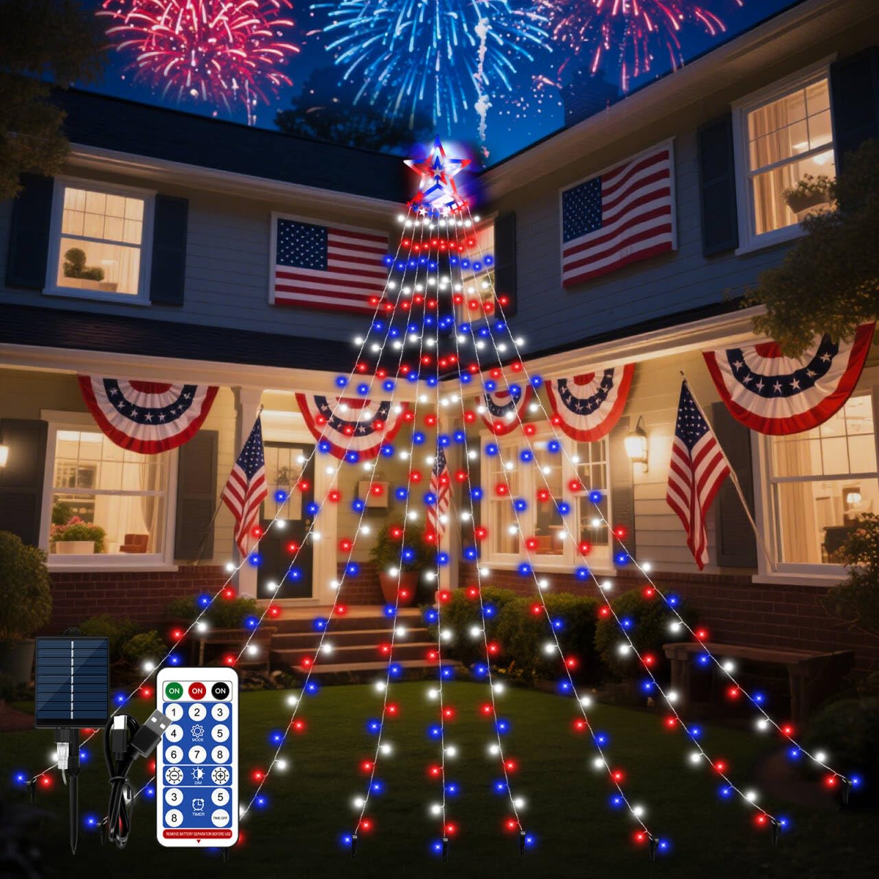 HELESIN Solar LED Lights - 350 LED Red White Blue Waterfall Lights with Remote Control, USB Powered, 8 Modes for Outdoor Decor