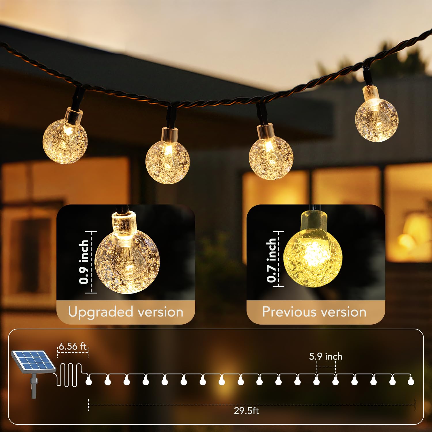Metaku Solar String Lights, 36FT 60 LED, Warm White, Plastic, 8 Lighting Modes for Outdoor Patio, Garden, Camping, Party Decor