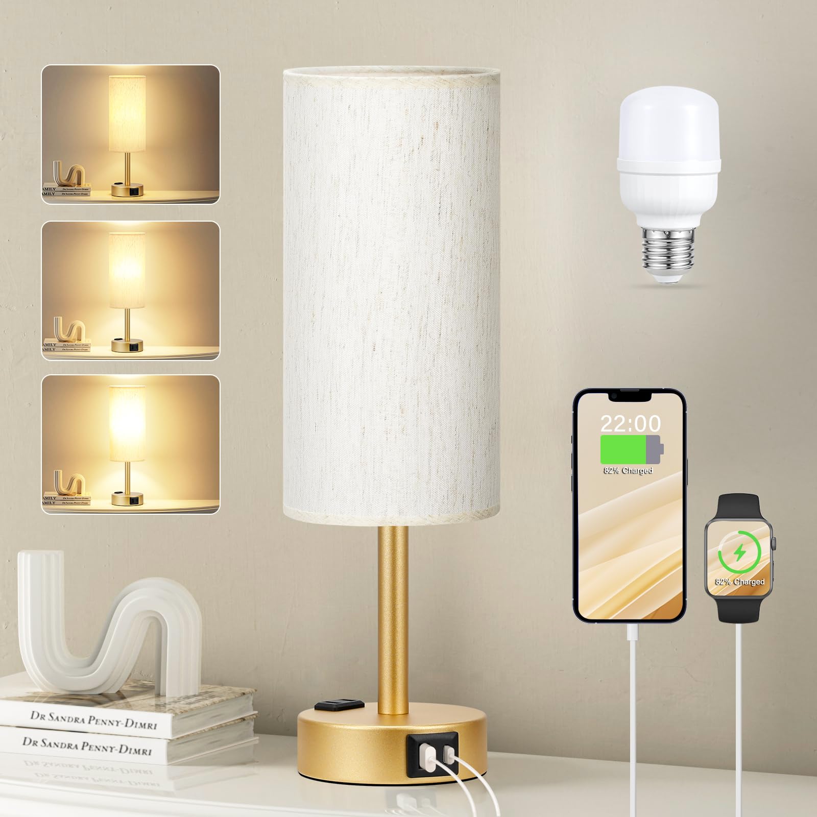 Fenmzee Gold Nightstand Bedroom Lamp - 3 Way Dimmable Bedside Lamp USB C A Charging Ports and AC Outlet, Small Table Lamp Linen 