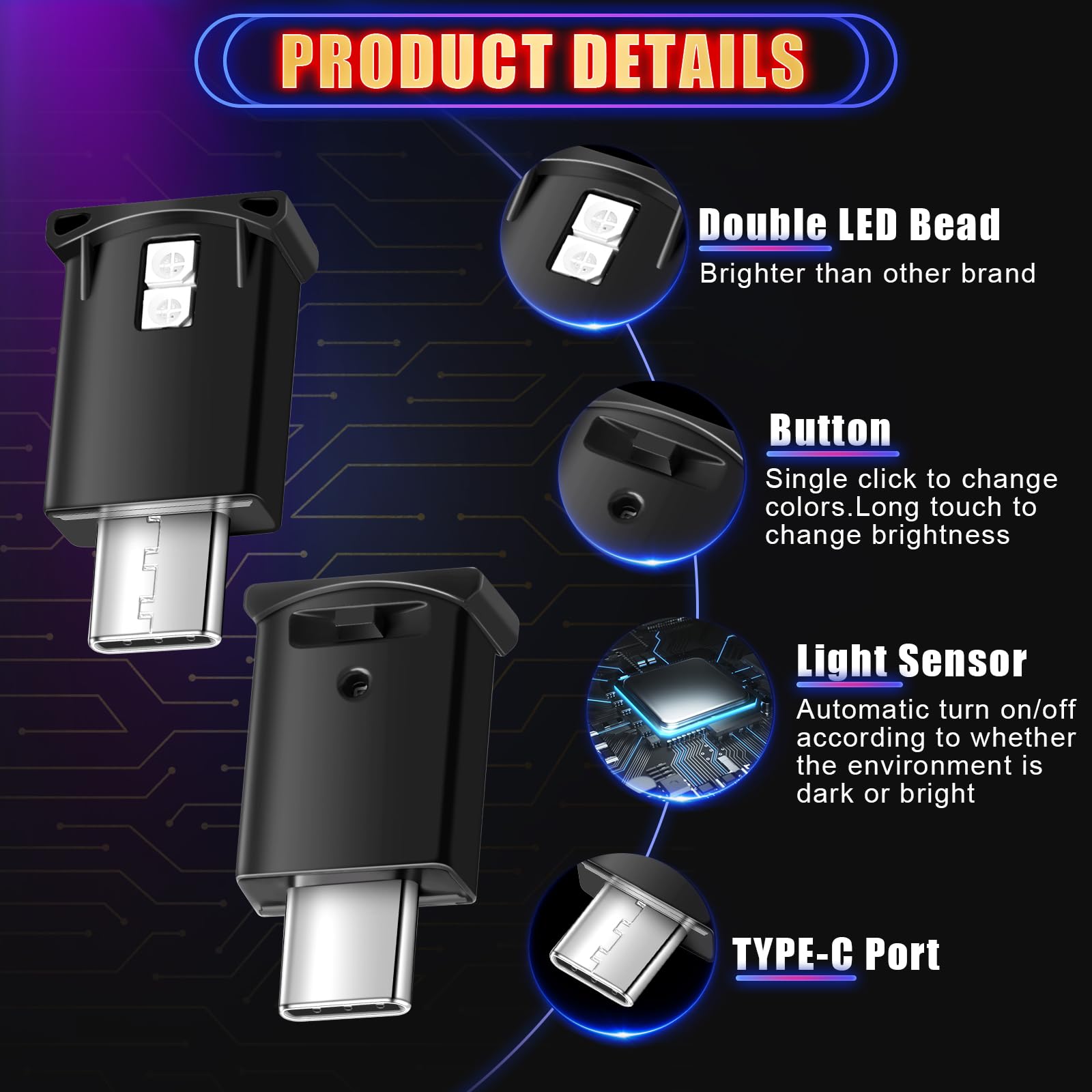 Frienda 2 Pieces Mini USB LED Light, Car LED Interior Lighting 5v Smart USB Atmosphere Light, Laptop Keyboard Office Decoration