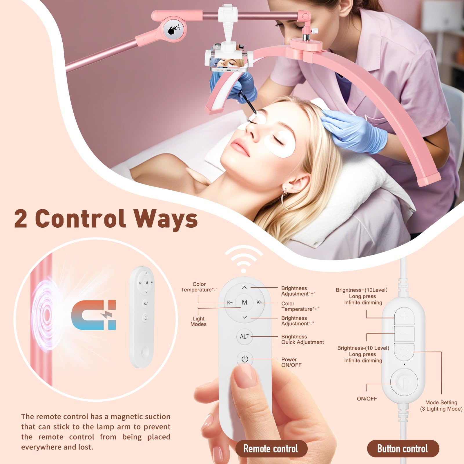 Hitti Half Moon Light For Eyelash Extensions Tattoo Artists  2025 New Upgrad Led Lash Tech Light With 4 Wheel Rolling Base  Large Floor Lamp 5 Color Modes Stepless Dimming & Phone Holder-Pink