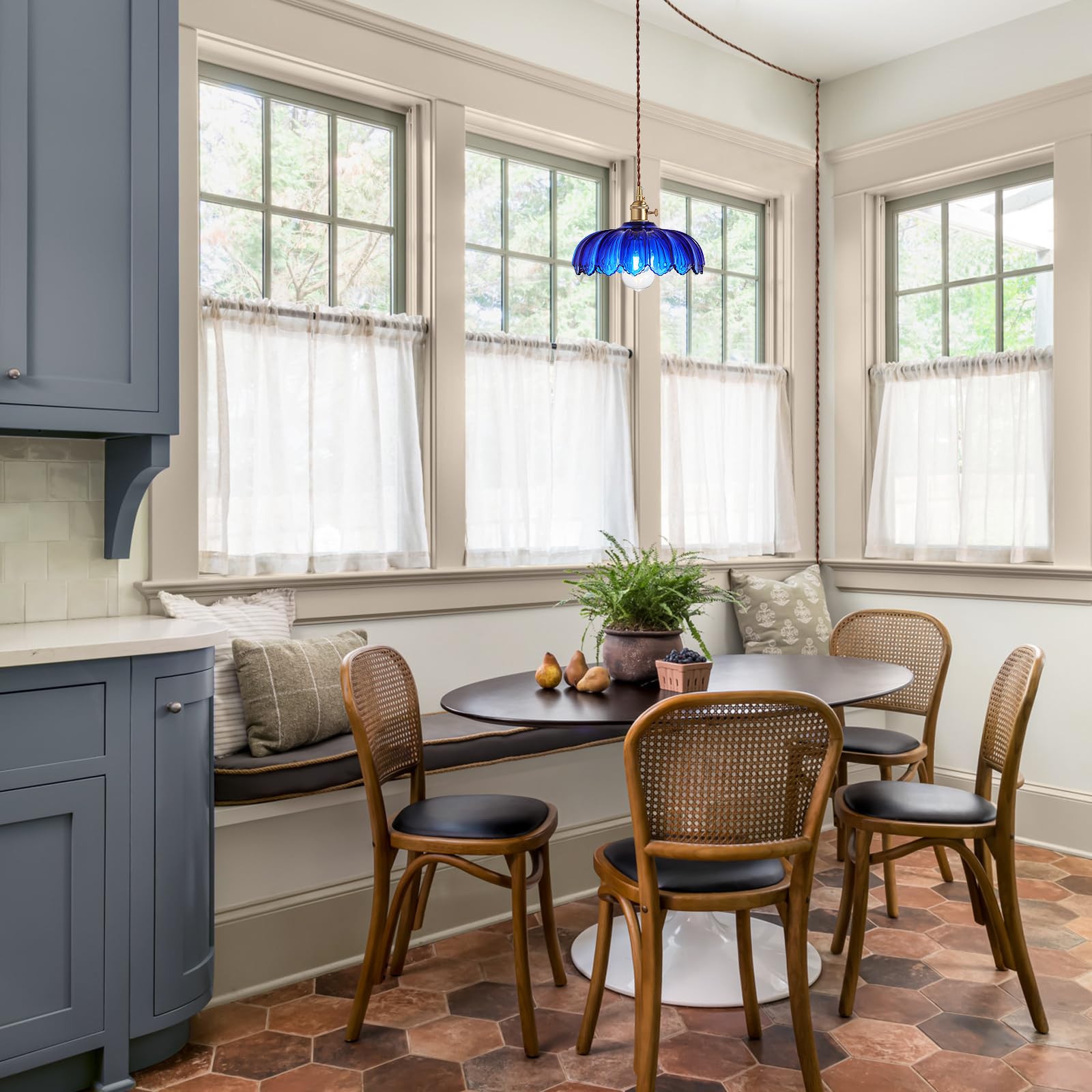 Xzhgcee Plug In Pendant Light: Hanging Light Plug In Fixture Bule Glass Hanging Lamp  Pendant Lighting For Kitchen Island  Bedroom  Dining Room  Living Room  E26 No Bulb