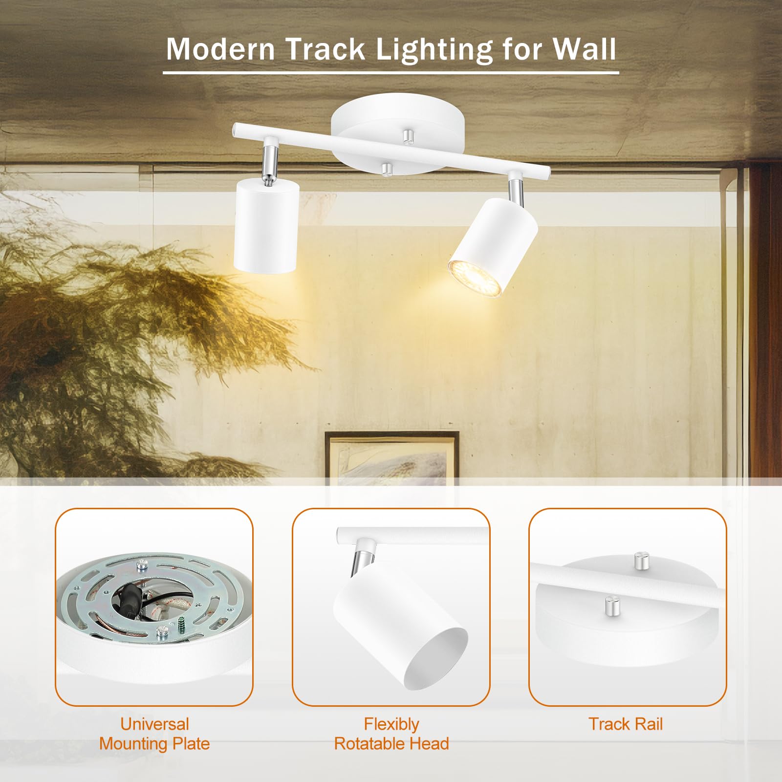 Track Lighting Ceiling, White 2 Lights Track Lighting For Kitchen, Modern Track Lights Fixtures Ceiling Kit, Rotatable Track Hea