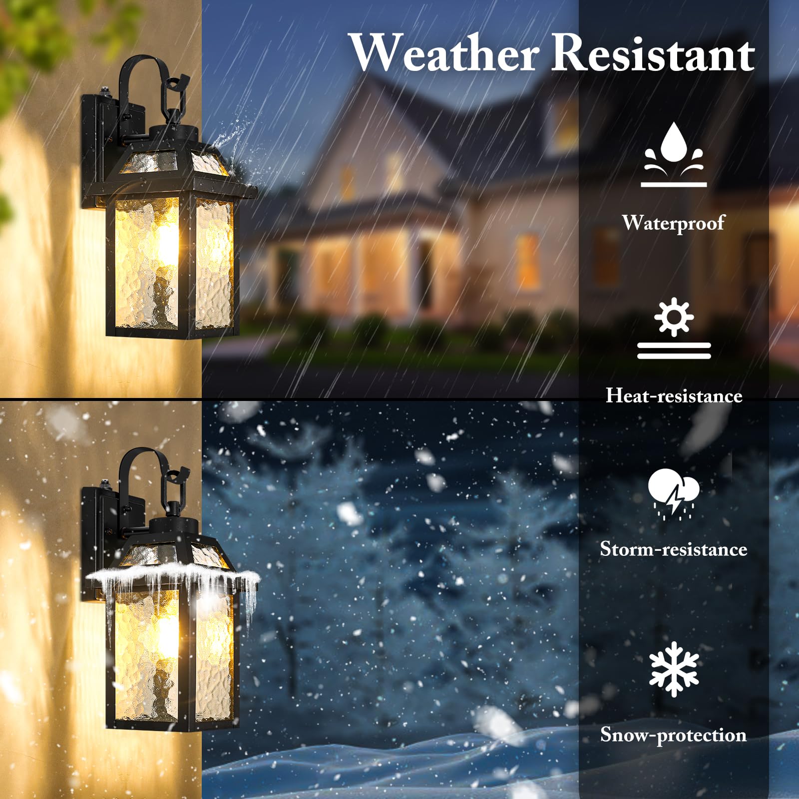 BesLowe Dusk to Dawn Outdoor Wall Lights, Black Metal 2-Pack, 13.8" Water Ripple Glass Sconces for Porch, Garage, Front Door