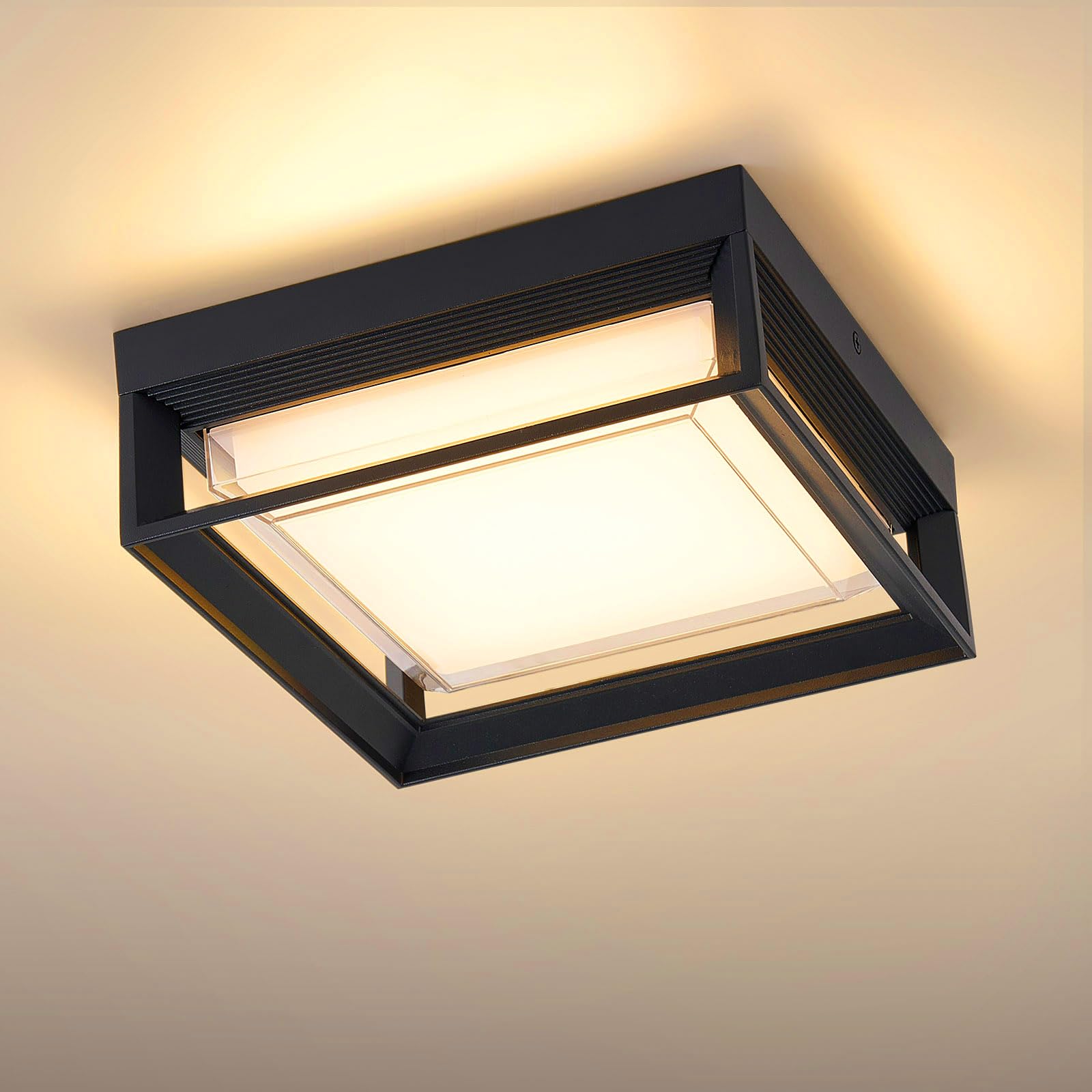 CHENS01 Square Flush Mount Outdoor LED Ceiling Light Fixture, 120V 24W 3000K 9 inch Medium Overhead Porch & Patio Lights Ceiling