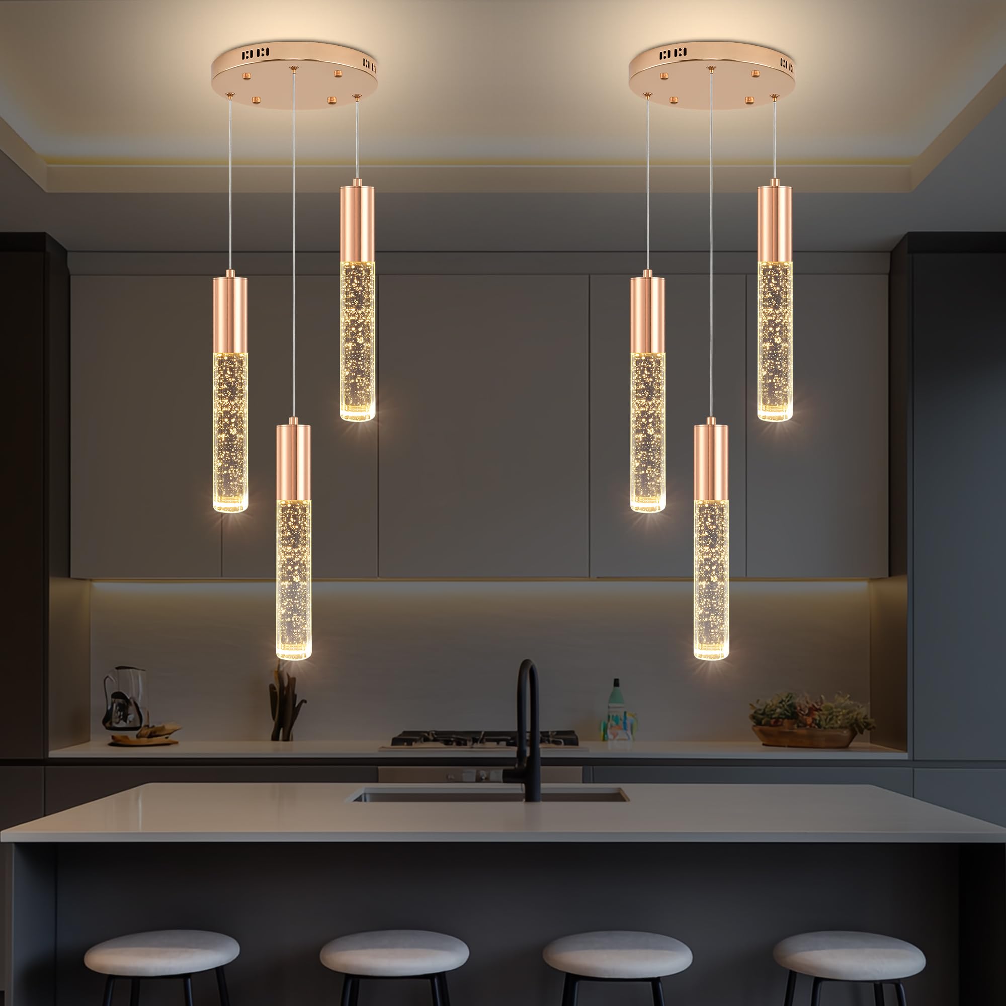 Upfelw Modern Crystal Chandelier for Kitchen Island 3-Lights, Elegant Gold LED Bubble Pendant Lighting Fixture for Dining Room B