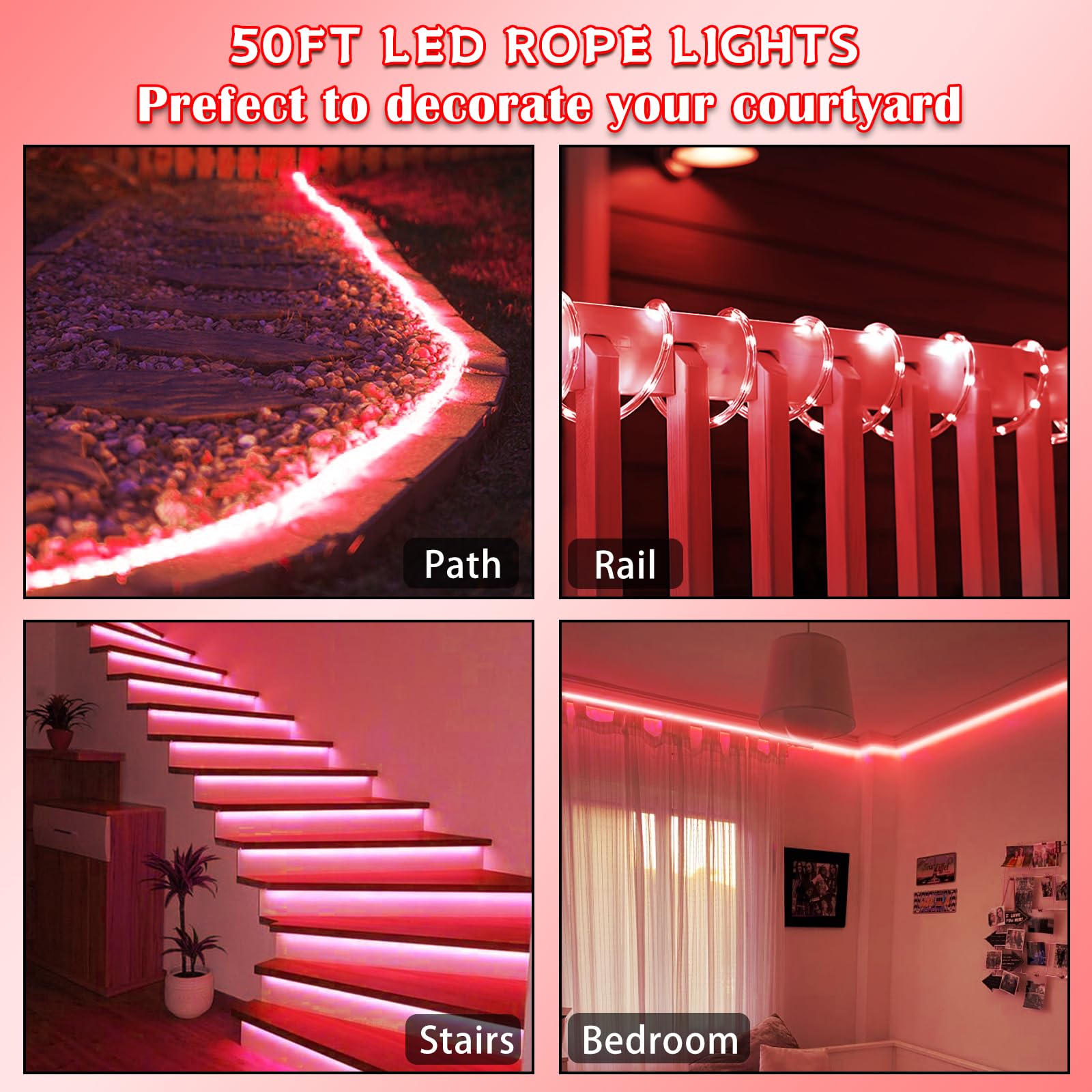 Kenburg Red Rope Lights Outdoor, 50Ft 600 Led Valentine'S Day String Light, Waterproof Tube Light Plug In 8 Modes Timer Memory,