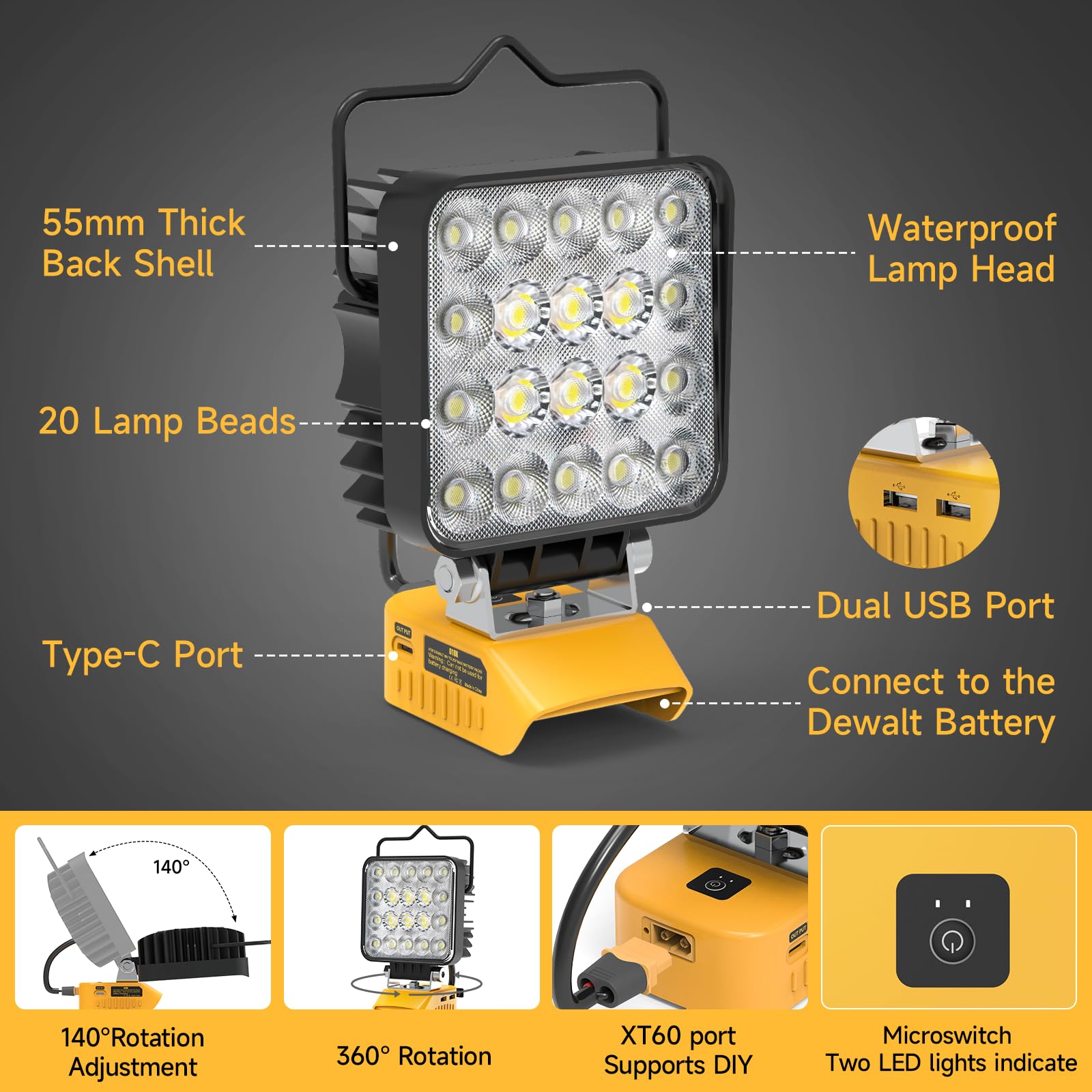 Azocek New Upgrade Led Work Light Compatible With Dewalt 20V Battery, 60W 6000Lm Flashlight, 20V Battery Cordless Work Light Wit