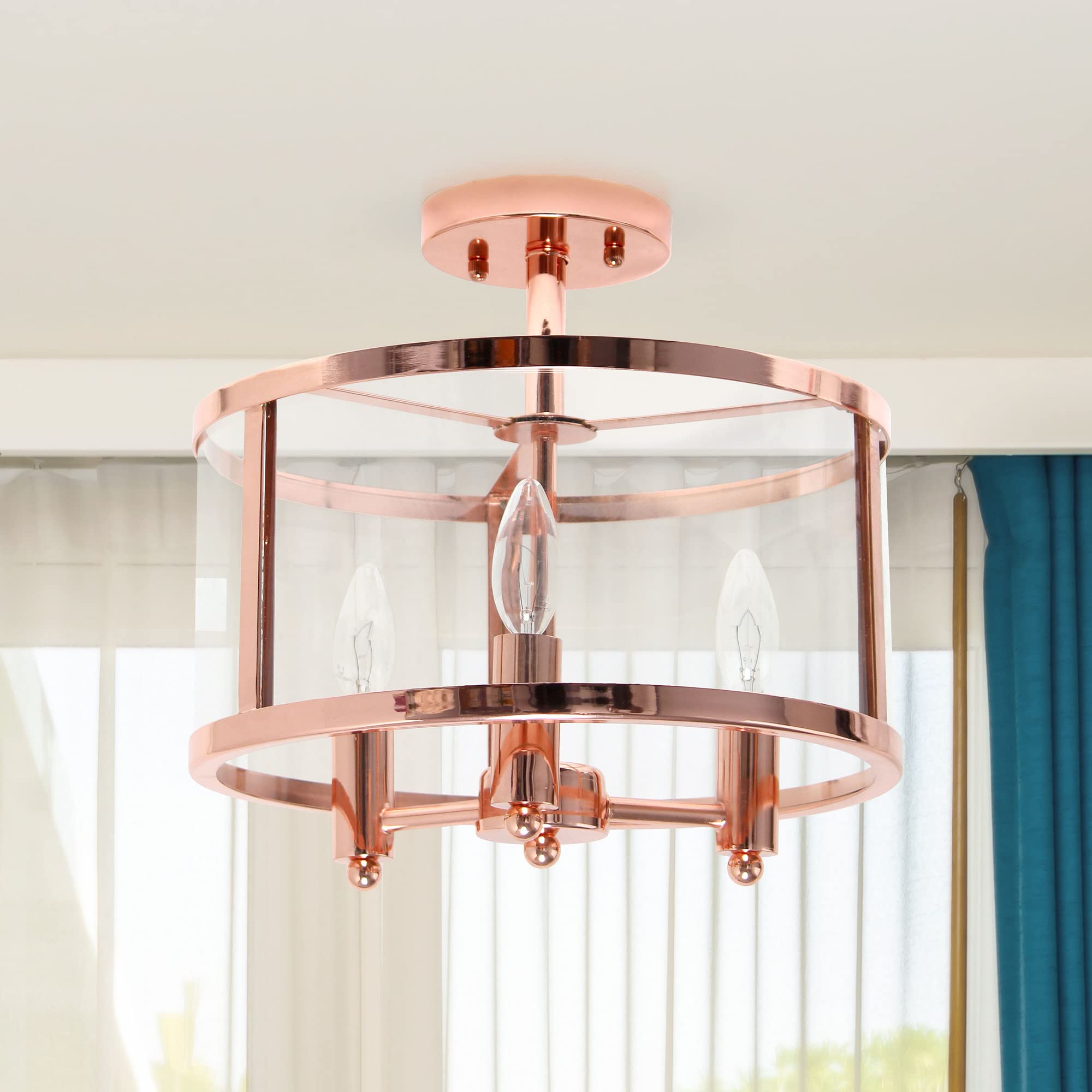 LALIA HOME 3-Light Semi-Flushmount Ceiling Light, Glass & Metallic Accents, 13in Rose Gold, Model 1270-LHM-1000-RG