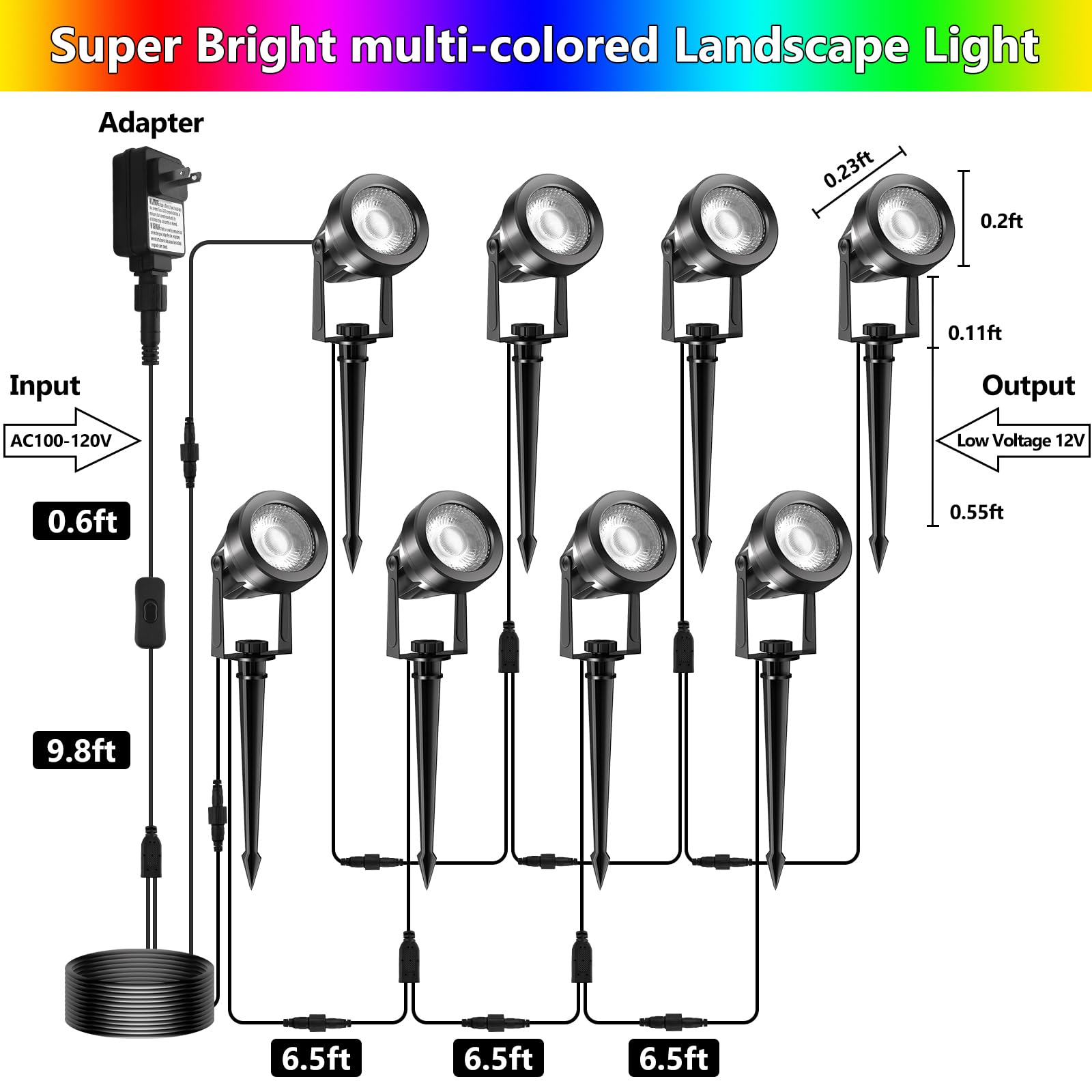 CREPOW RGBW Color Changing Landscape Lighting, 12V Low Voltage Spotlights, 8-in-1, Plastic, with Remote Control, 50ft Cable