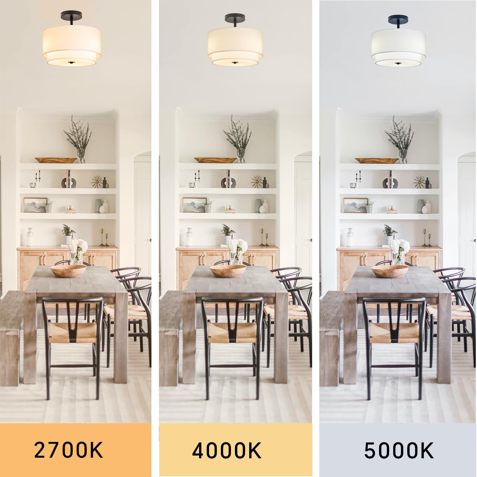 Vexagyle 3-Light Semi Flush Mount Ceiling Light Fixture,12.6Inch Modern Close To Ceiling Light With 2-Layer White Drum Fabric Sh