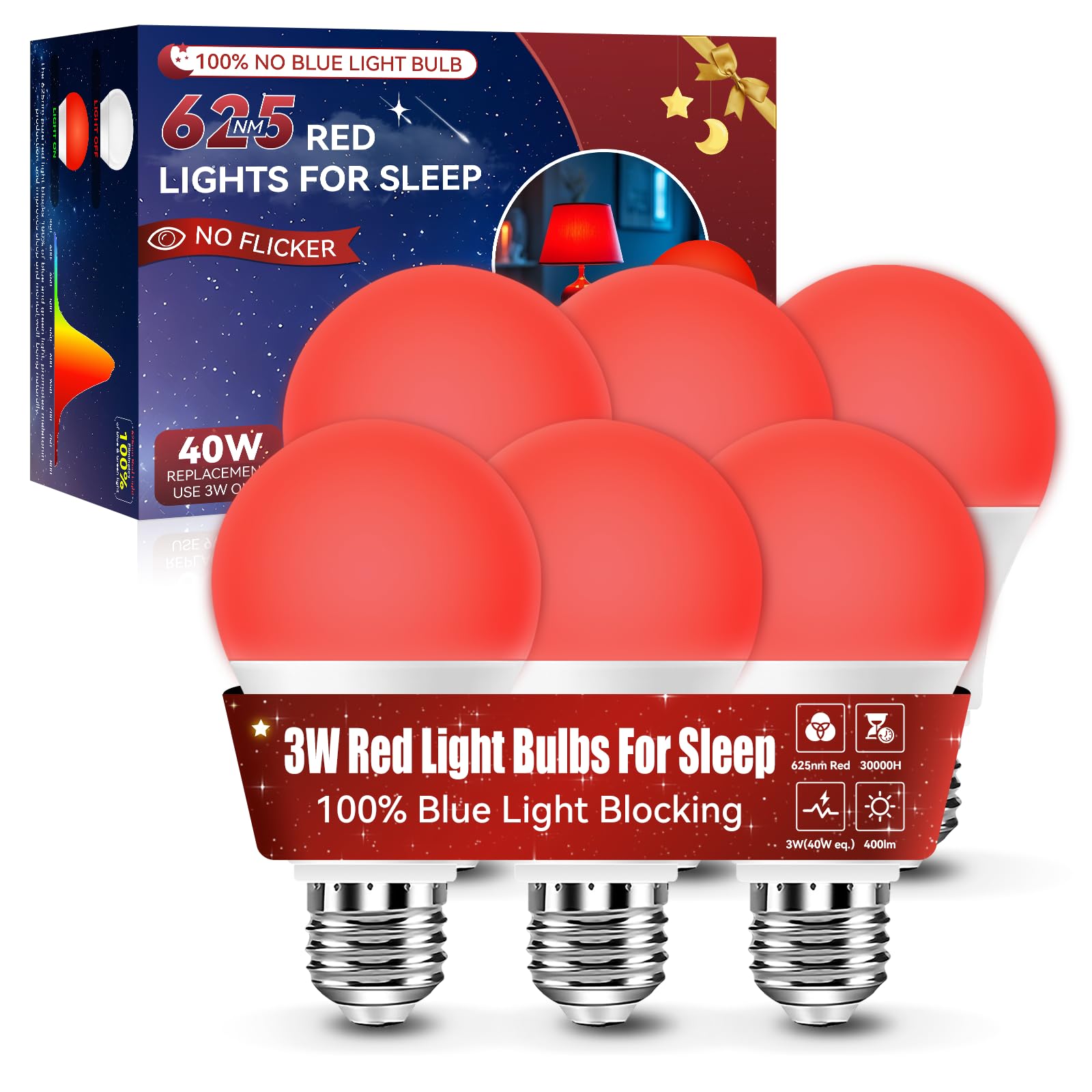 Neporal 625nm Red Light Bulbs for Sleep 3W  100% Blue Light Blocking Light Bulbs for Melatonin Promoting  A19 LED 40W Equivalent Dim Red Night Light Bulb for Baby Nursery  Sleeping  Reading  6-Pack