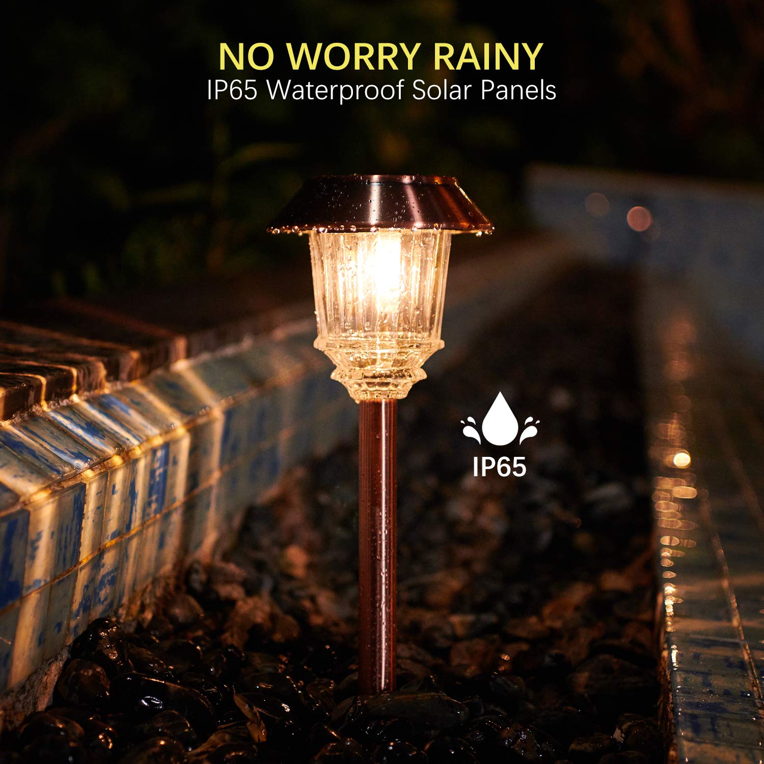 XMCOSY+ Solar Lights Outdoor 4 Pack, Waterproof Dimmable LED Glass, 10-40 LM, Copper, Model SL-1802-00