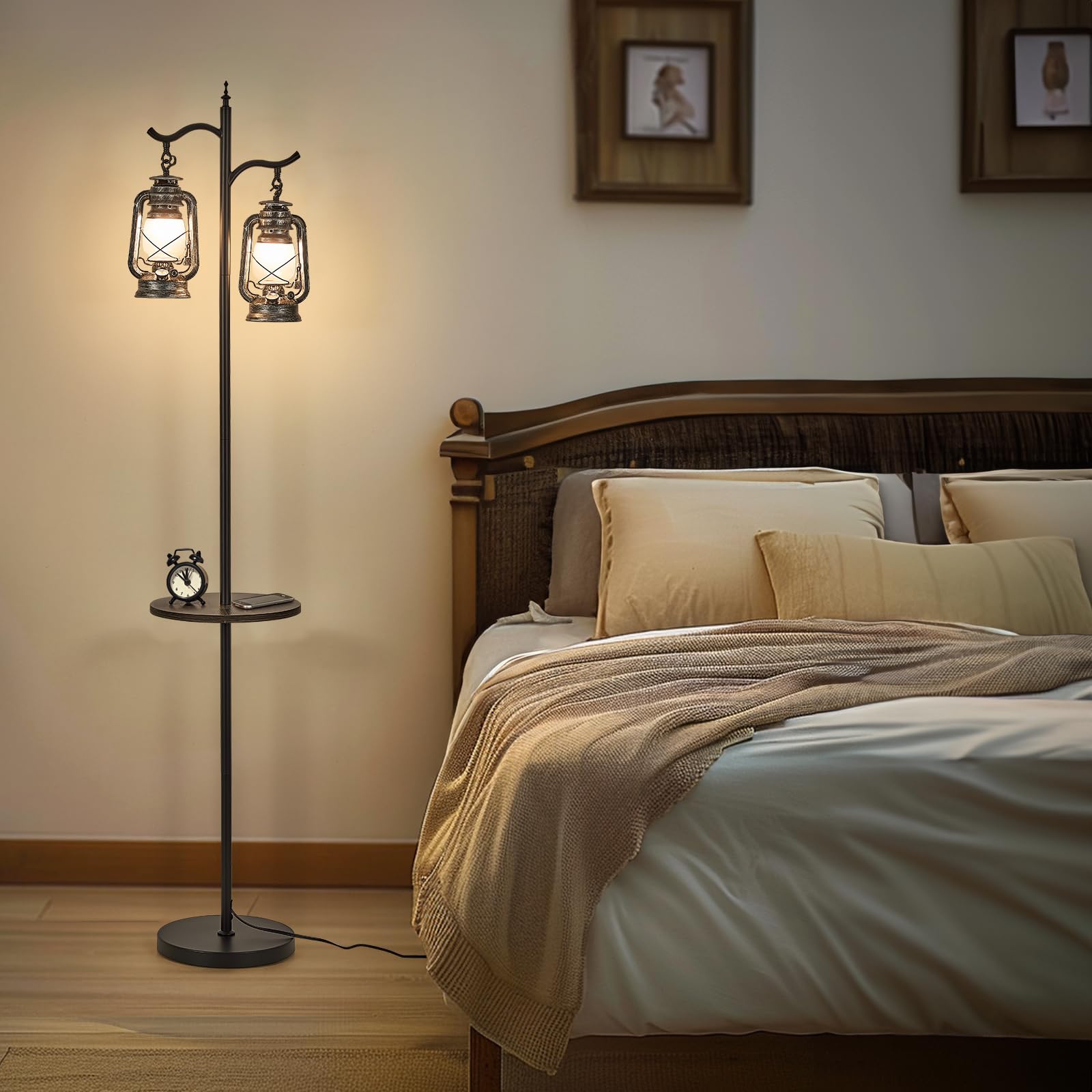 workluurop Farmhouse Floor Lamp with Table, Double Head Vintage Design, Silver Metal, Model HYZC765
