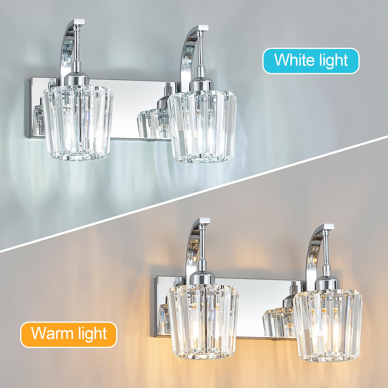 Fdpby Modern Bathroom Vanity Light  2-Light Chrome Wall Sconce With Crystal Accents  Over Mirror Bathroom Lighting Fixture  13.77 Long Dimmable Vanity Lamp For Makeup  Easy Installation