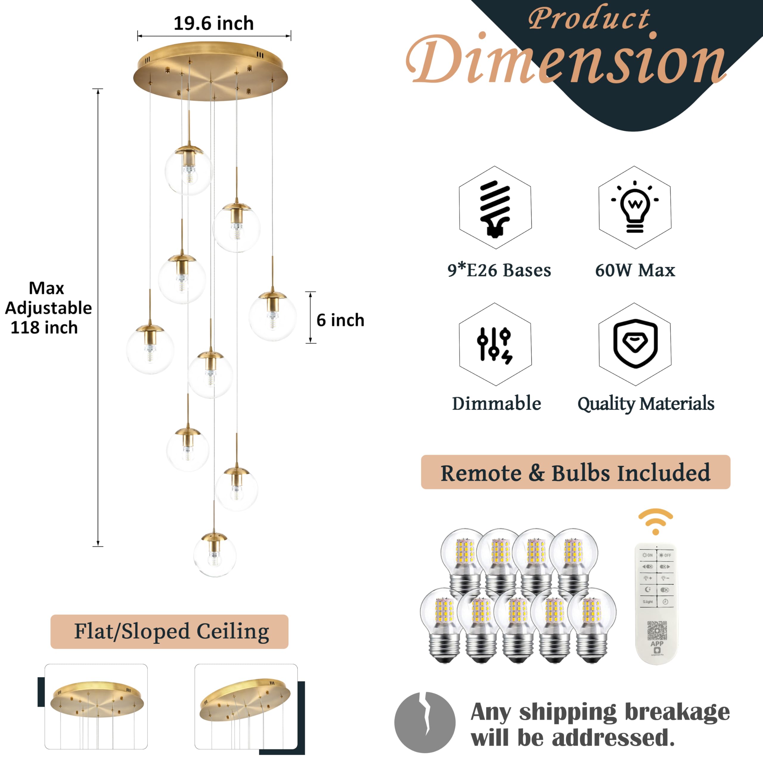 Koko&Yukina 9-Light Globe Glass Pendant Light Adjustable Length Pendant Lights Fixtures Modern Gold Clear Globe Glass Chandelier