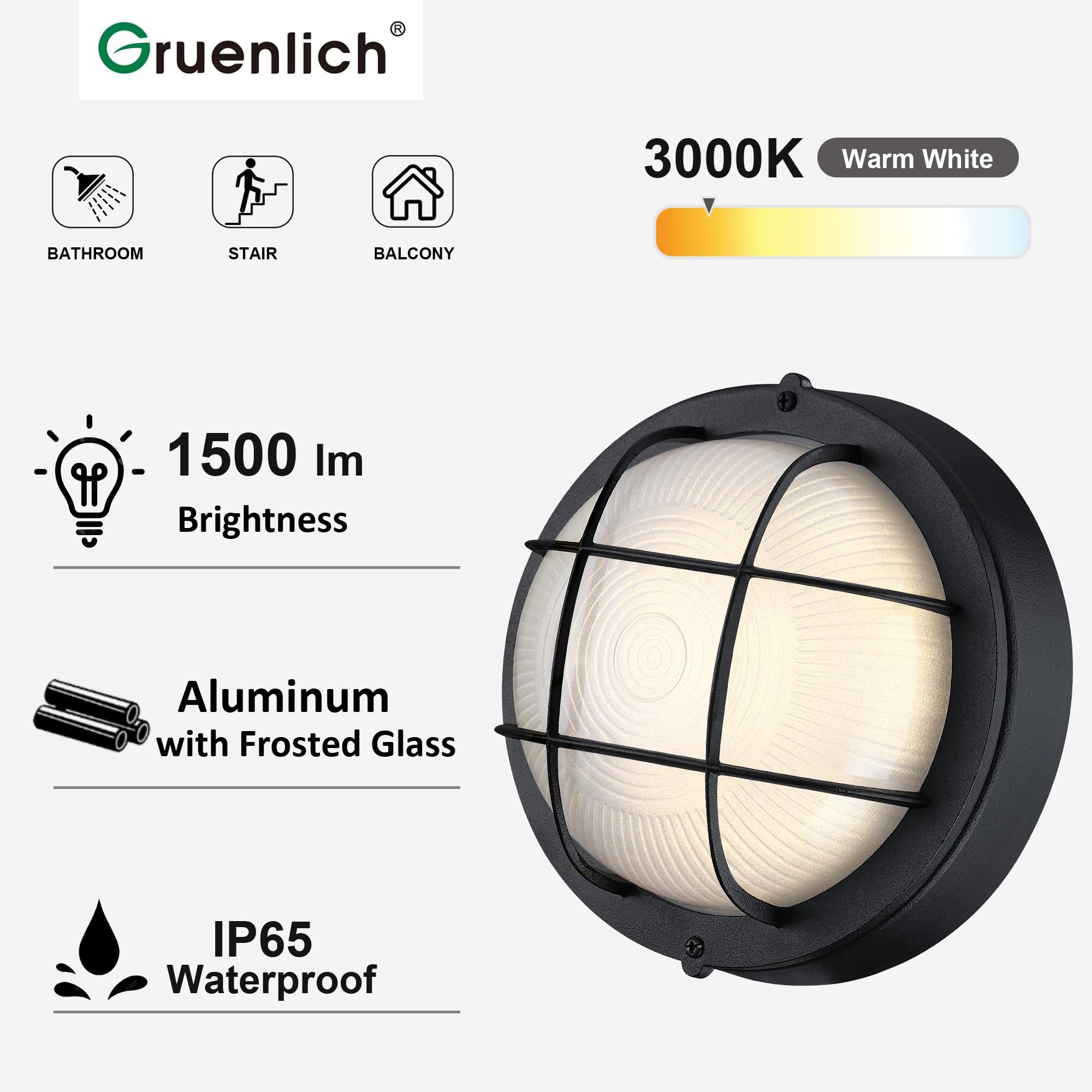 Gruenlich 8 Round Led Bulkhead Light Fixture  Outdoor Wall Lights Dimmable  Sauna & Exterior Lighting  Etl Rated  15W 1500 Lumen  3000K Warm White  Black Cast Aluminum  Wall/Ceiling Mount  1 Pack