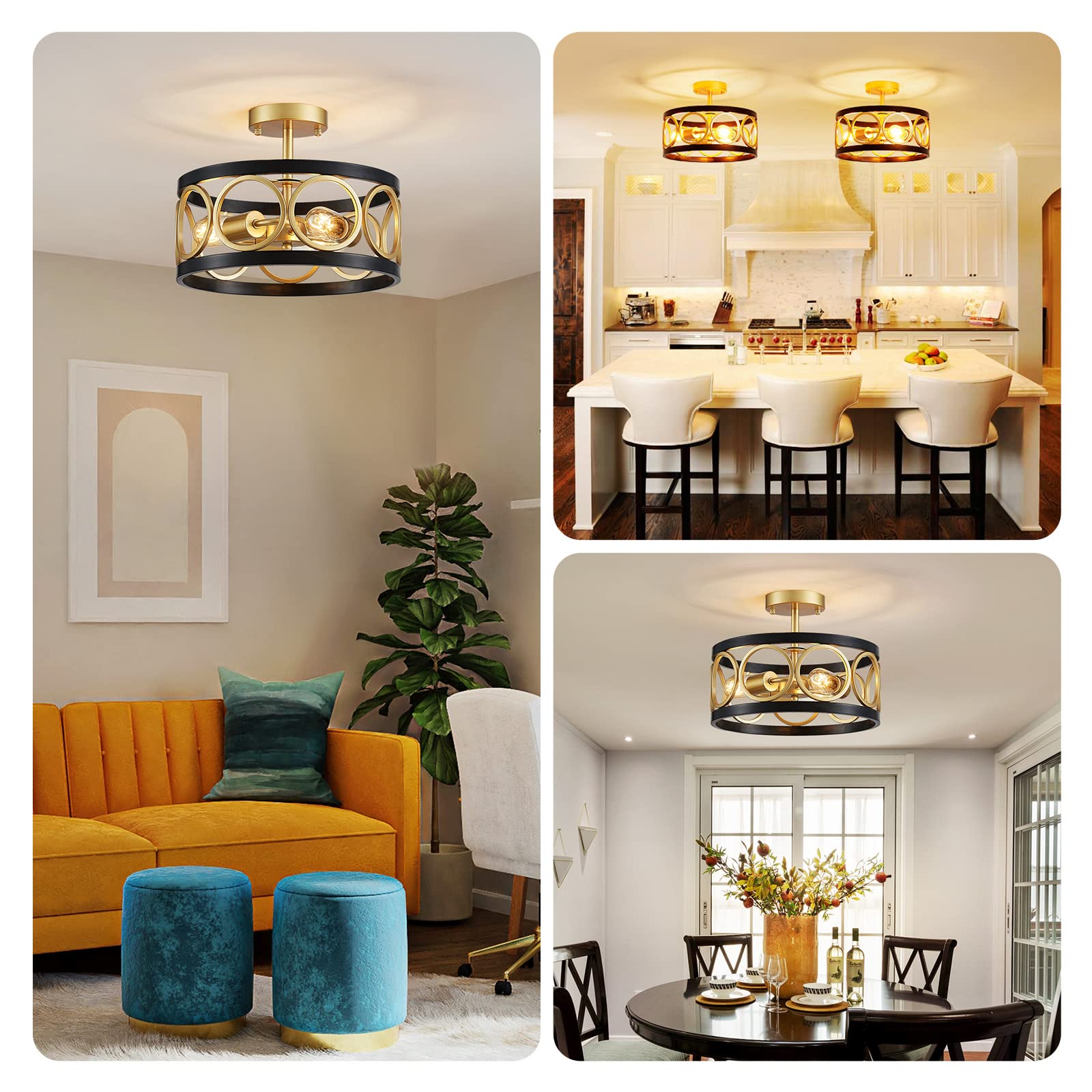 XINGQI Modern Drum Chandelier Ceiling Light, Black and Gold Metal, 13" Semi Flush Mount for Living Dining Room Bedroom