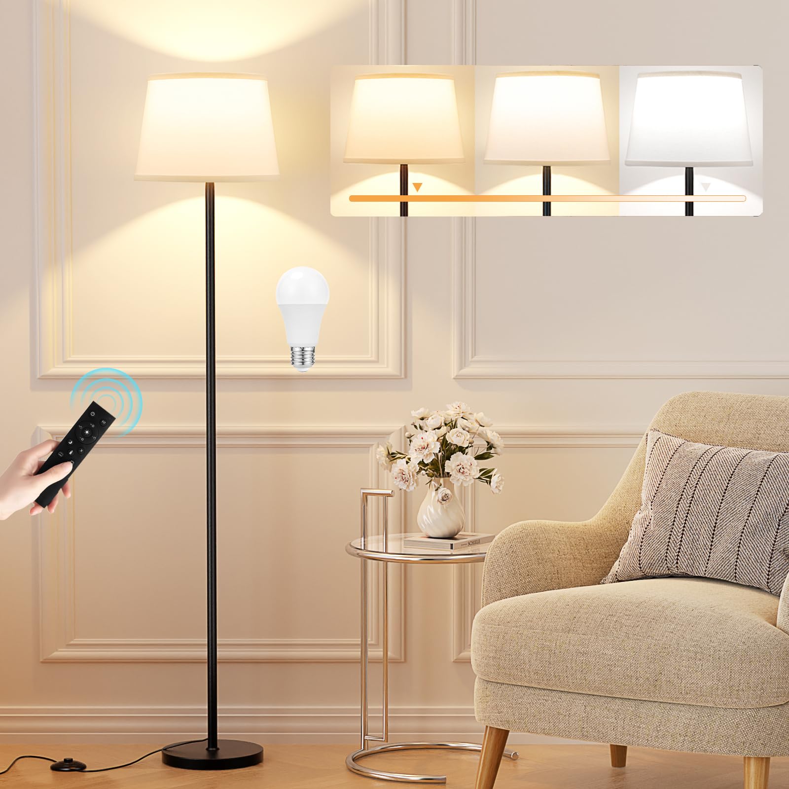 Raexpectis Modern Floor Lamp with Adjustable Brightness, Remote Control, Black, LED Bulbs, White Shade, Foot Switch, Easy Assemb