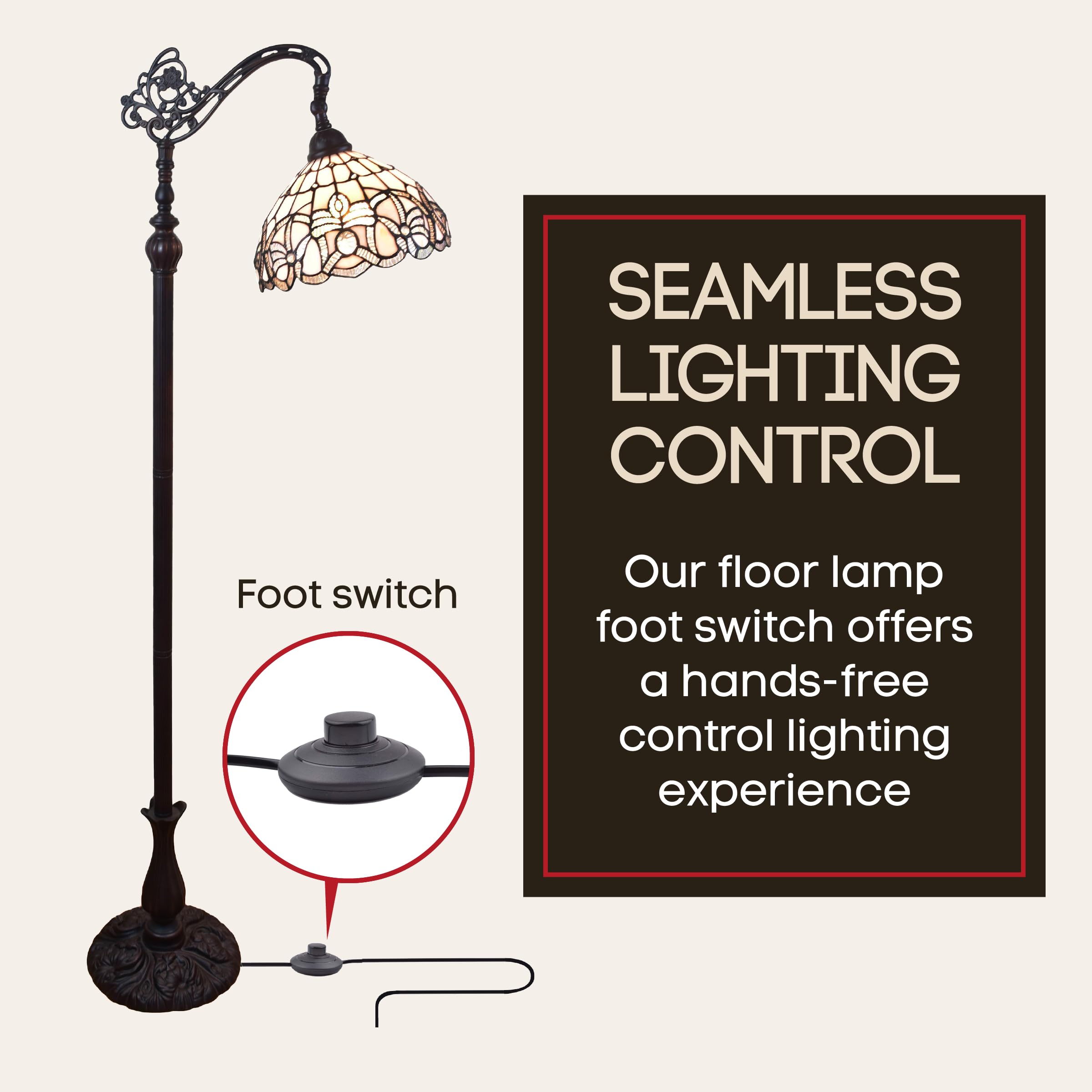 Amora Tiffany Floor Lamp - Arched, Stained Glass 62    - Traditional White Mahogany With Foot Switch Operation And Adjustable La