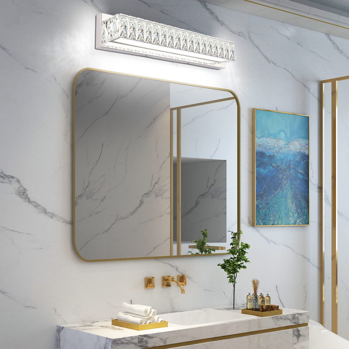 ZUZITO Modern LED Vanity Light Fixture, 22.8in Polished Chrome, Crystal Glass Diffuser, 6000K Bright White, Model S17500-580mm-6200K