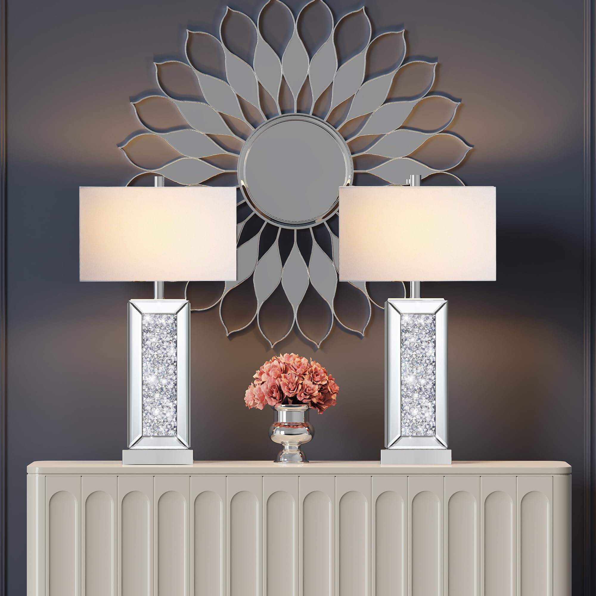 PARTPHONER Modern Table Lamp Set of 2 - Silver Crystal Touch Control, USB Ports, 3-Way Dimmable, White Shade, Model TL021B