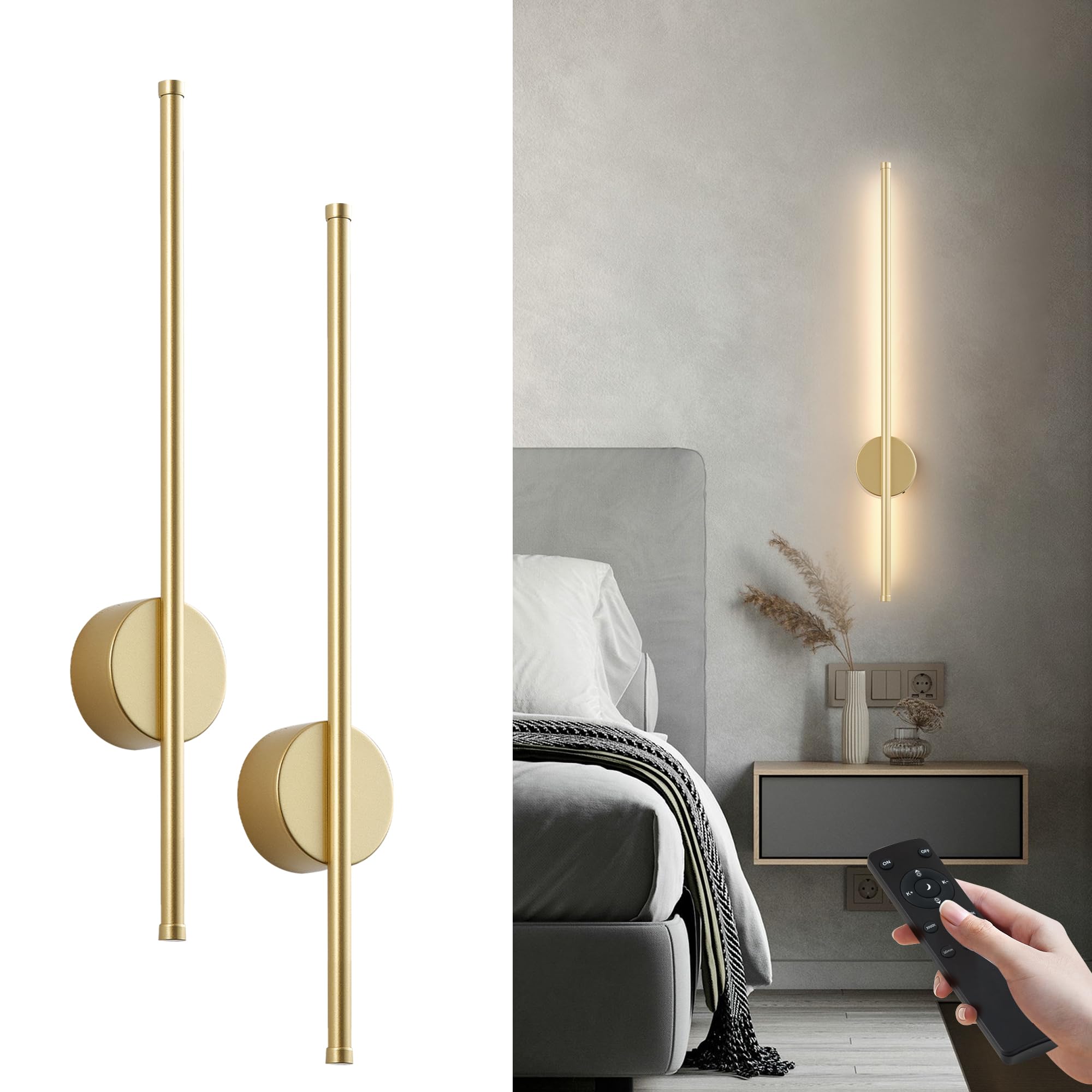 KARTOOSH Battery Operated Wall Sconces, Dimmable LED Light Set of 2, 23.6 Inch, Gold, Remote Control, 3 Color Temperatures, Model Z