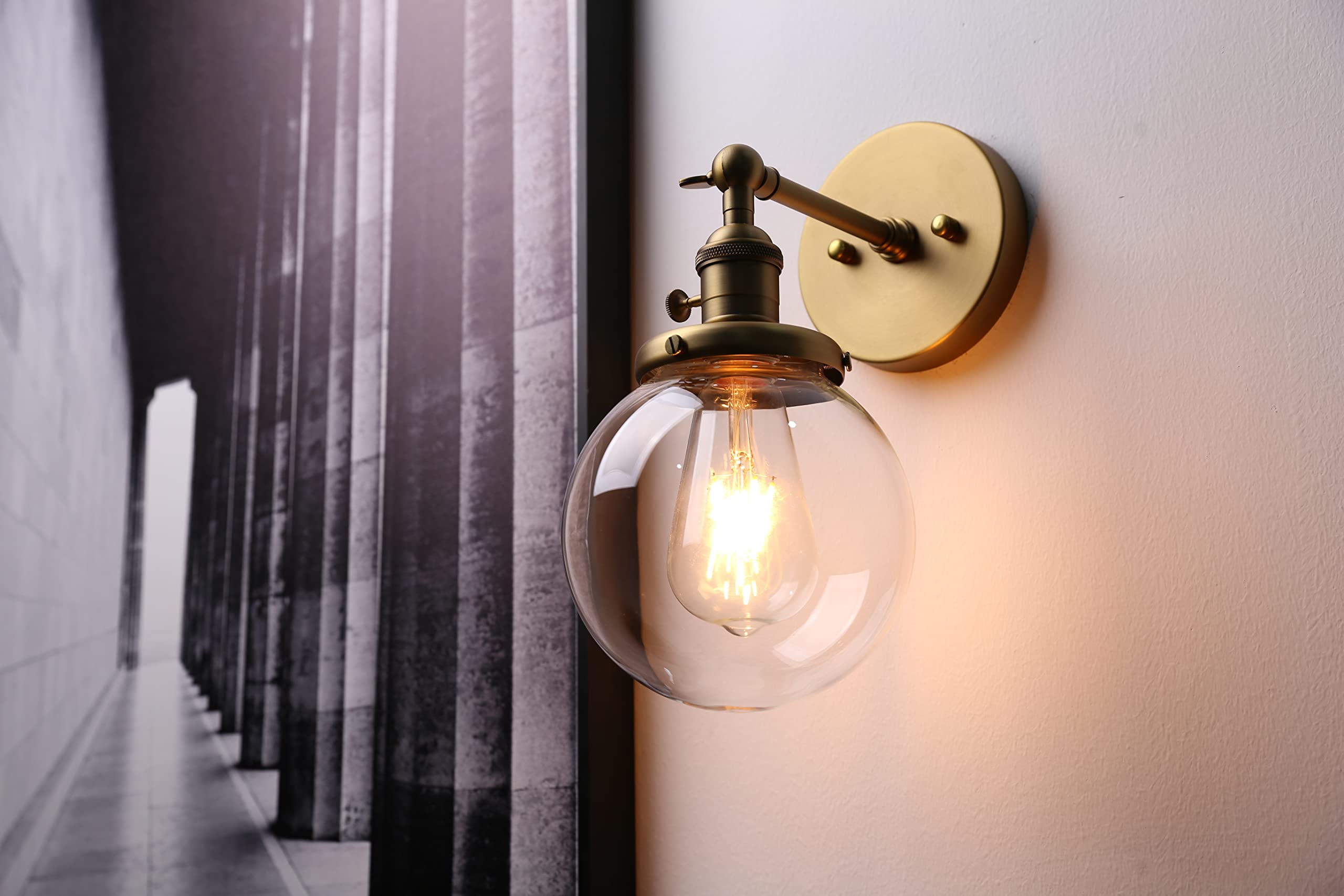 Permo Vintage Wall Sconce Industrial Lighting Fixture With 5.9 Round Clear Glass Globe Hand Blown Shade (Antique)