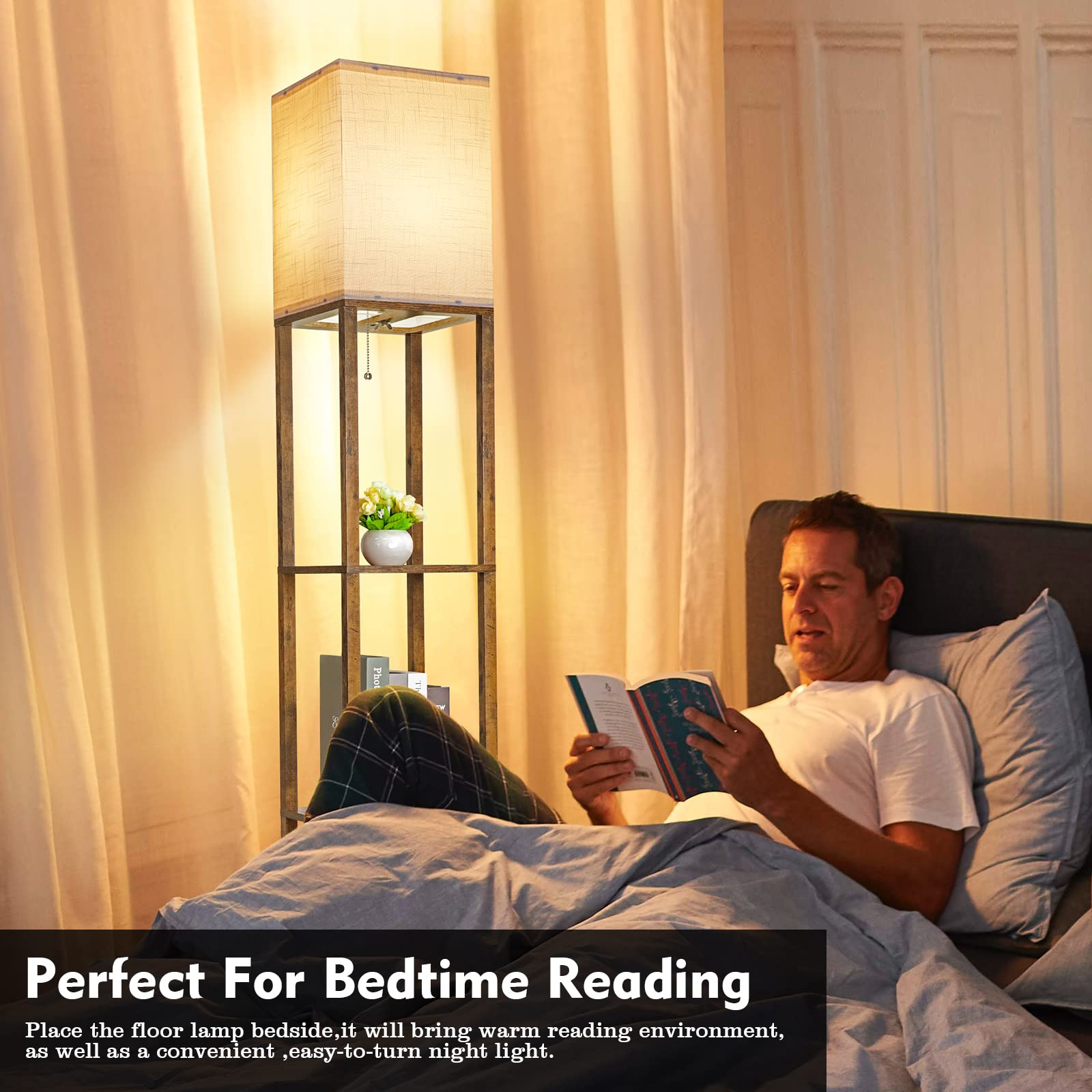 Runtop Modern Floor Lamp With Shelves, 3 Color Temperatures, Rustic Brown, 8W Bulb