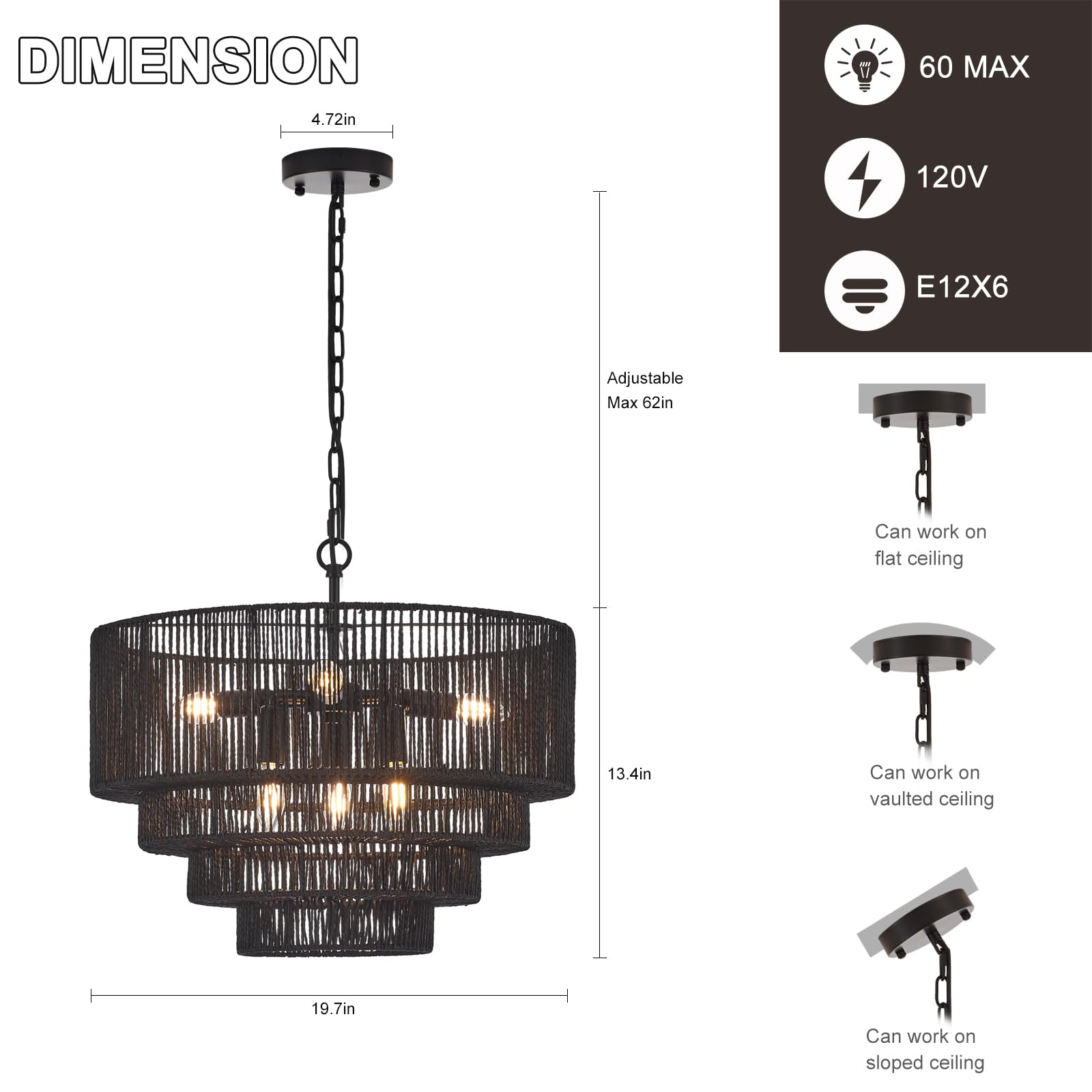 Yomecoo 19.7'' Hand-Woven Rattan Chandelier Vintage Farmhouse 6-Lights Boho Black Bamboo Chandeliers Light Fixture Retro Drum Wi