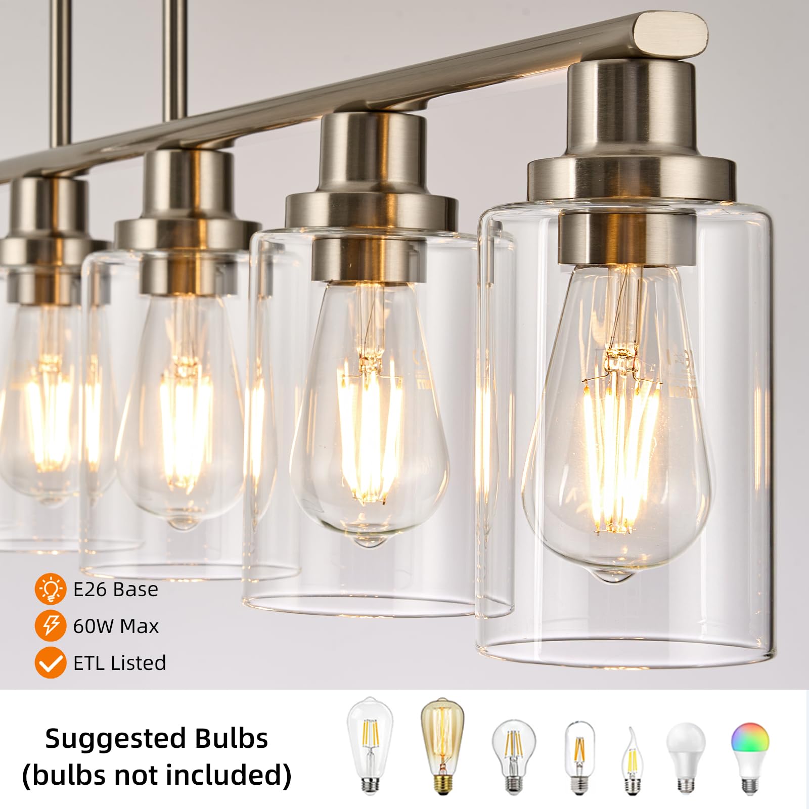 KPIOK 6-Light Linear Chandelier Pendant - Satin Brushed Nickel, Metal, Clear Glass Shade for Dining Room or Kitchen Island, Model BB003P-